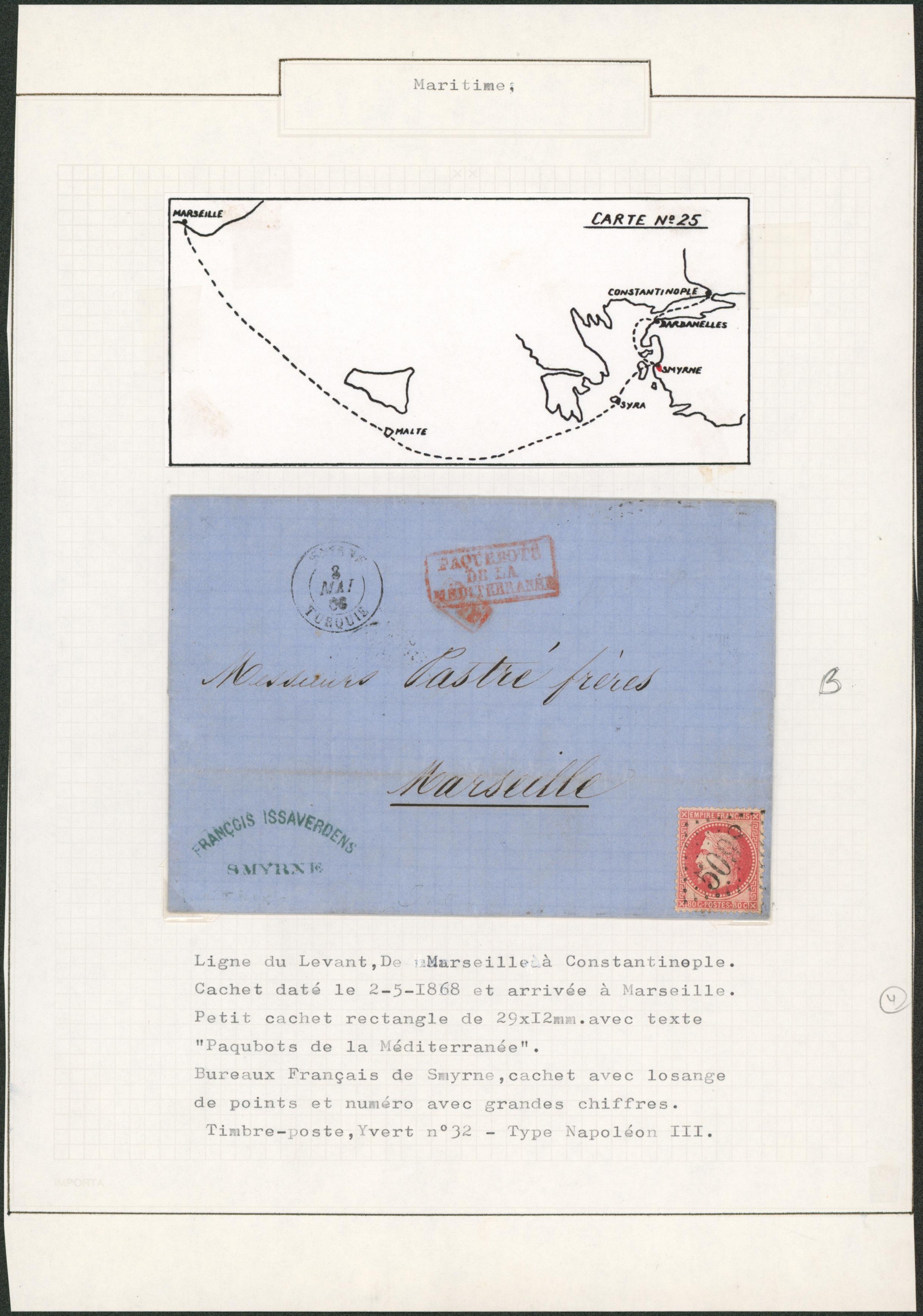 Page de collection (Maritime) - France Yv n°32 obl GC 5098 (Constantinople) + cachet dateur "Smyrne", encadré rouge Paquebot de la méditérannée > Marseille "