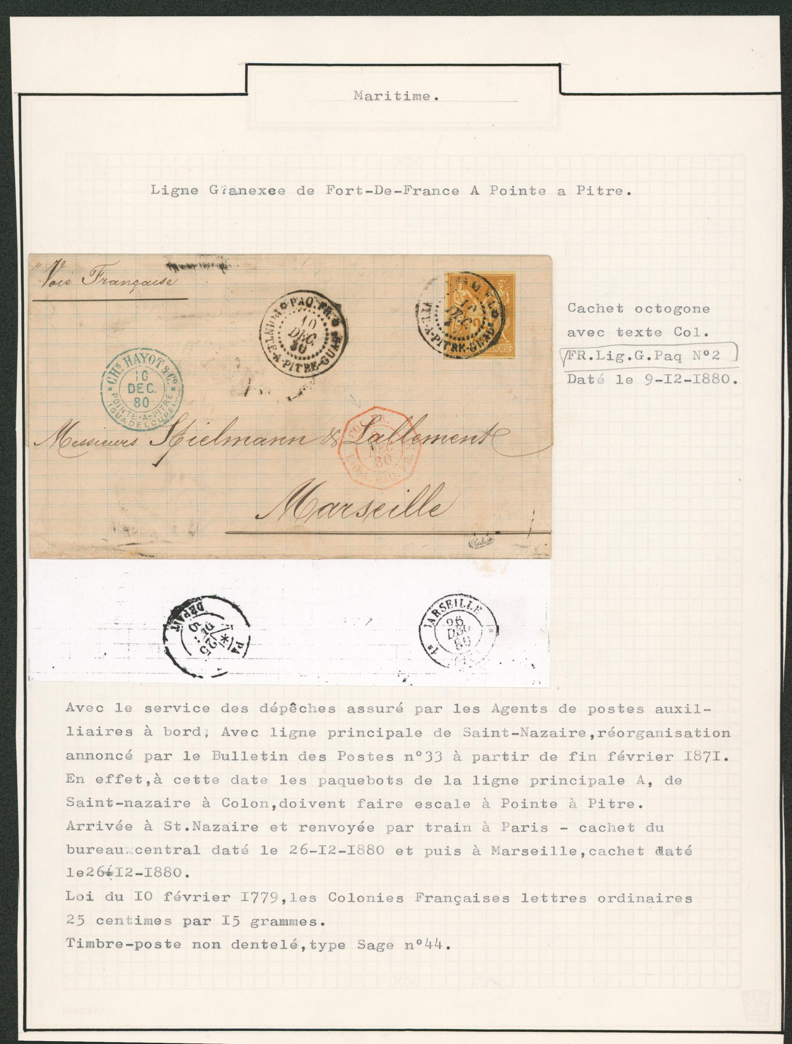 Page de collection (Maritime) - France type Sage n°44 non dentelé sur lettre obl DC "Paq. FR. 5. / Pointe à pitre, guadeloupe" + cachet de passage "Fr. Lig. G. Paq n°2" > Marseille"
