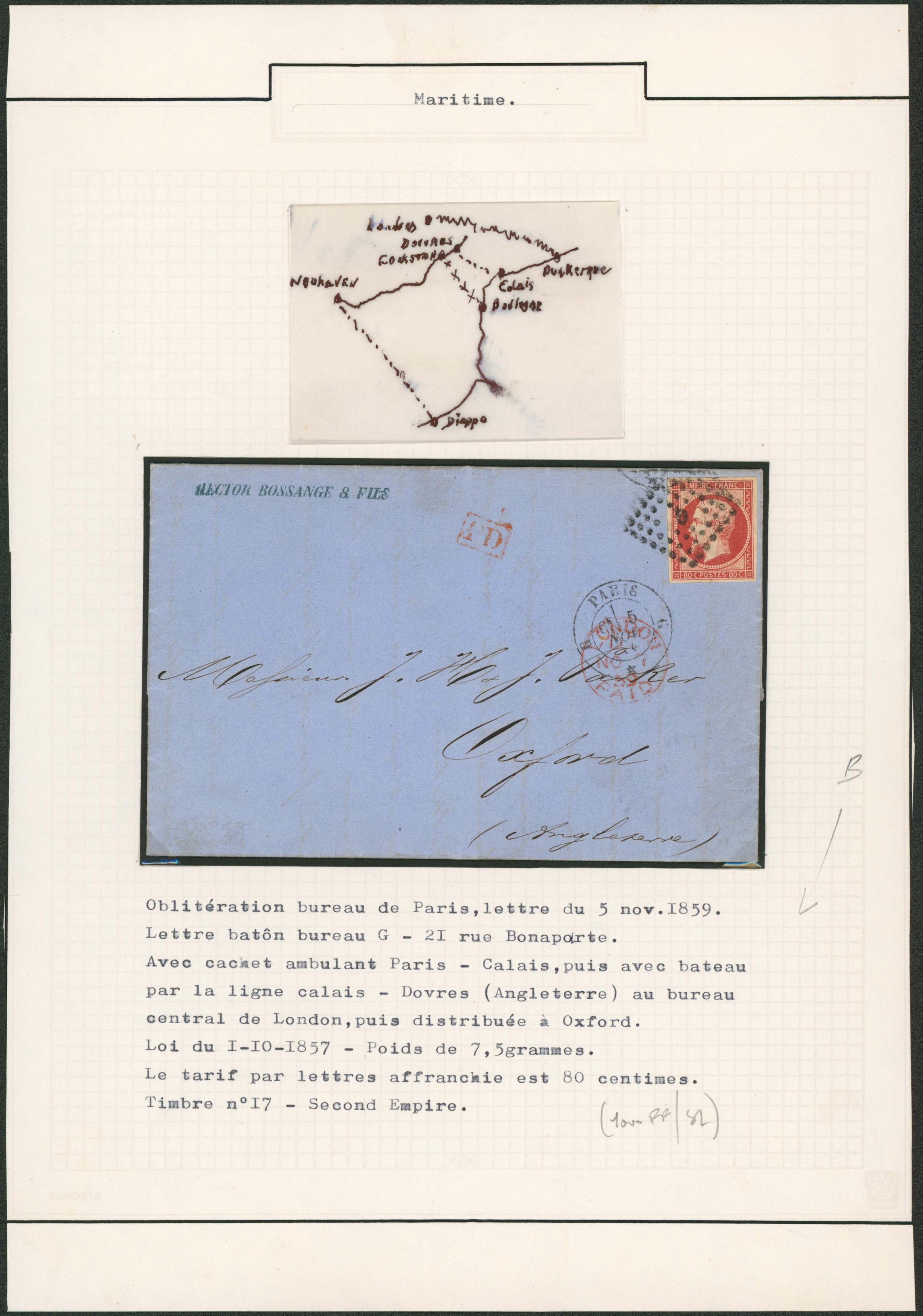 Page de collection (Maritime) - France Yv n°17 sur LAC expédié de Paris + obl losange de point "Bureau G" > Oxford (Angleterre). "