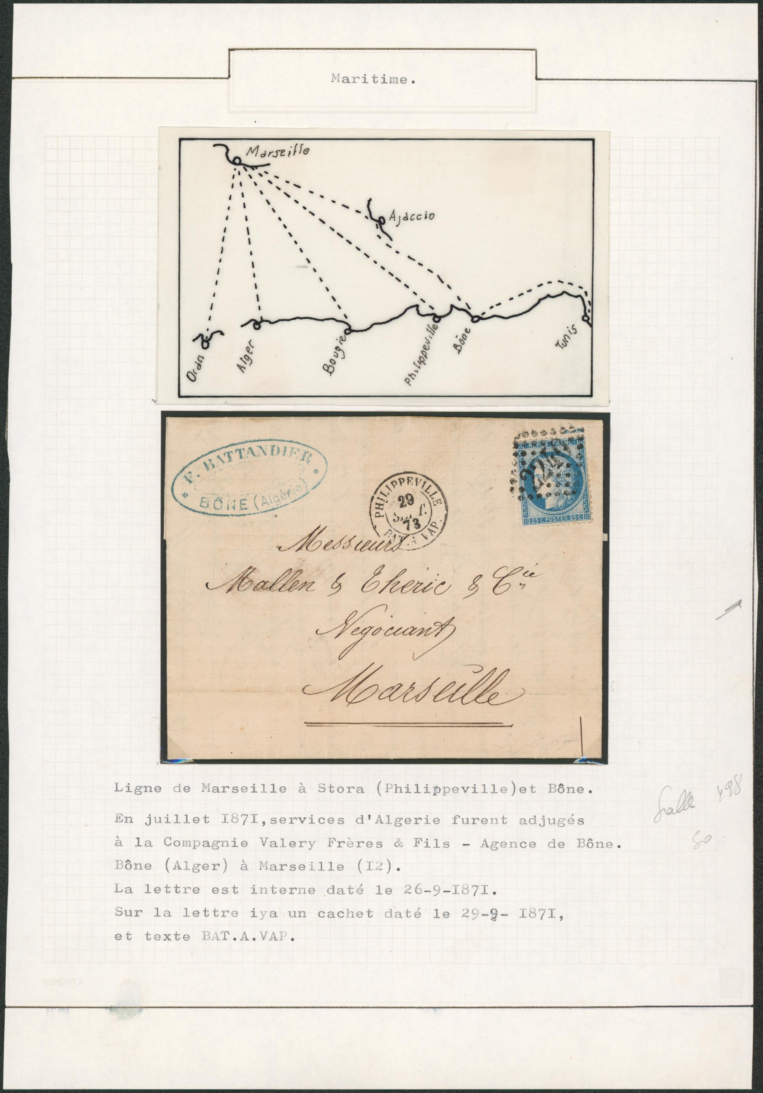 Page de collection (Maritime) - France Yv n°60A sur lettre expédié de Bone (Algérie) + cachet DC Philippeville / Bat. À Vap. > Marseille + obl GC 2240 (Marseille). 