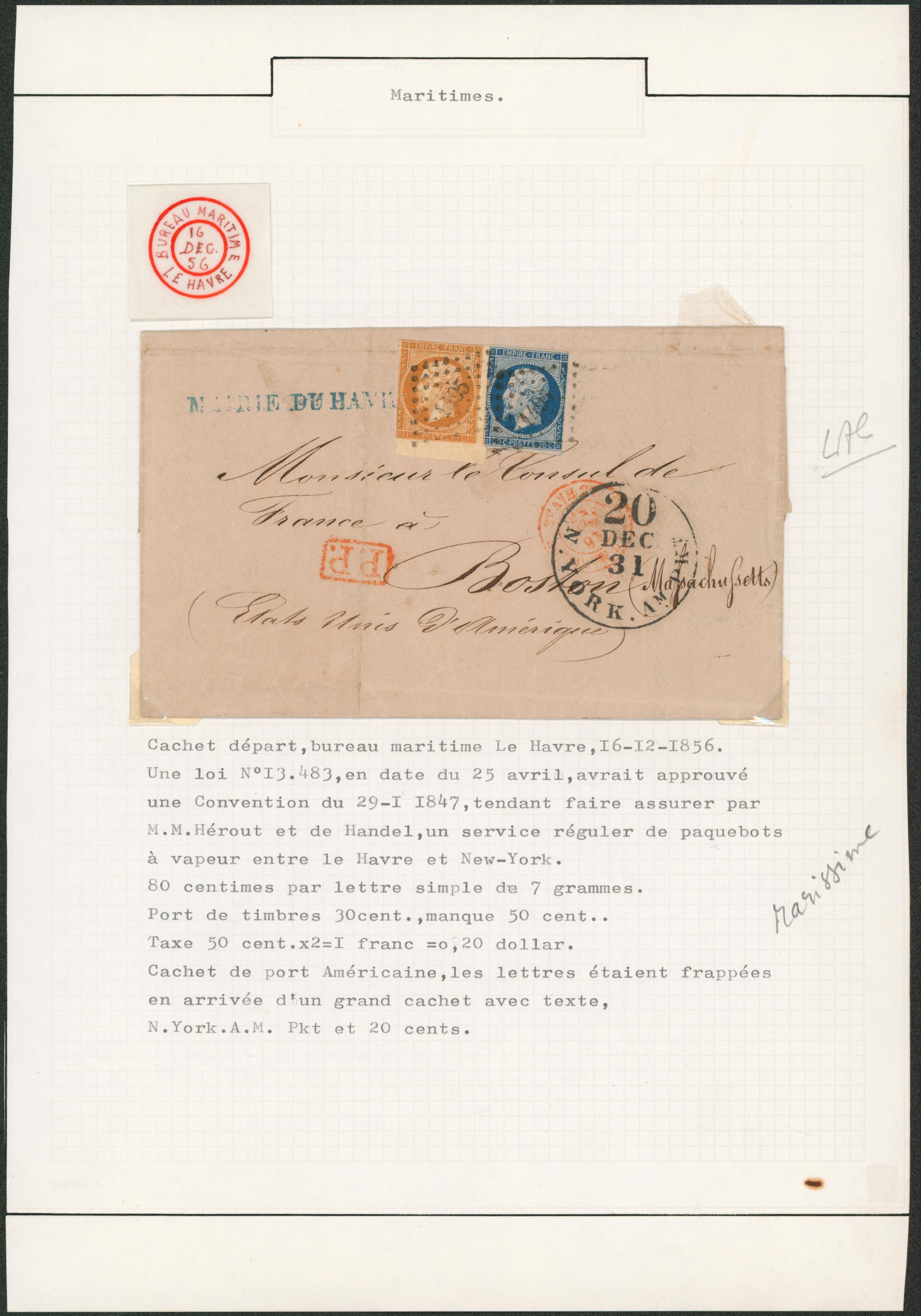 Page de collection (Maritime) - Napoléon sur LAC (Maire du Havre) obl PC 1495 + cachet DC "Bureau Maritime / le havre" > Boston (USA) + taxe américaine car manque d'affranchissement ! A voir. "