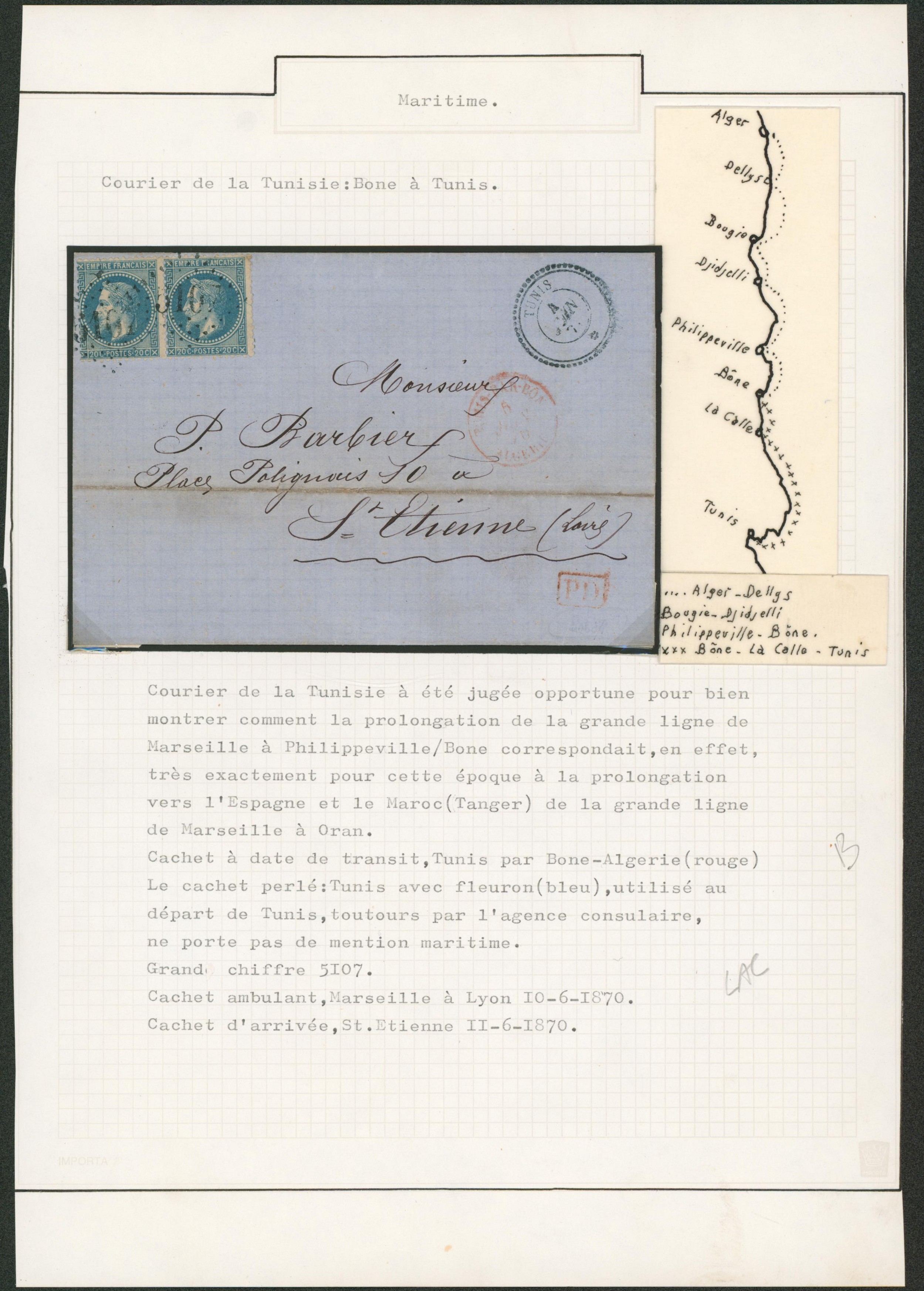 Page de collection (Maritime) - France Yv n°29B en paire sur lettre obl GC 5107 (Tunis) + cachet de passage (rouge) "Tunis à Bone / Algérie" > St-Etienne"