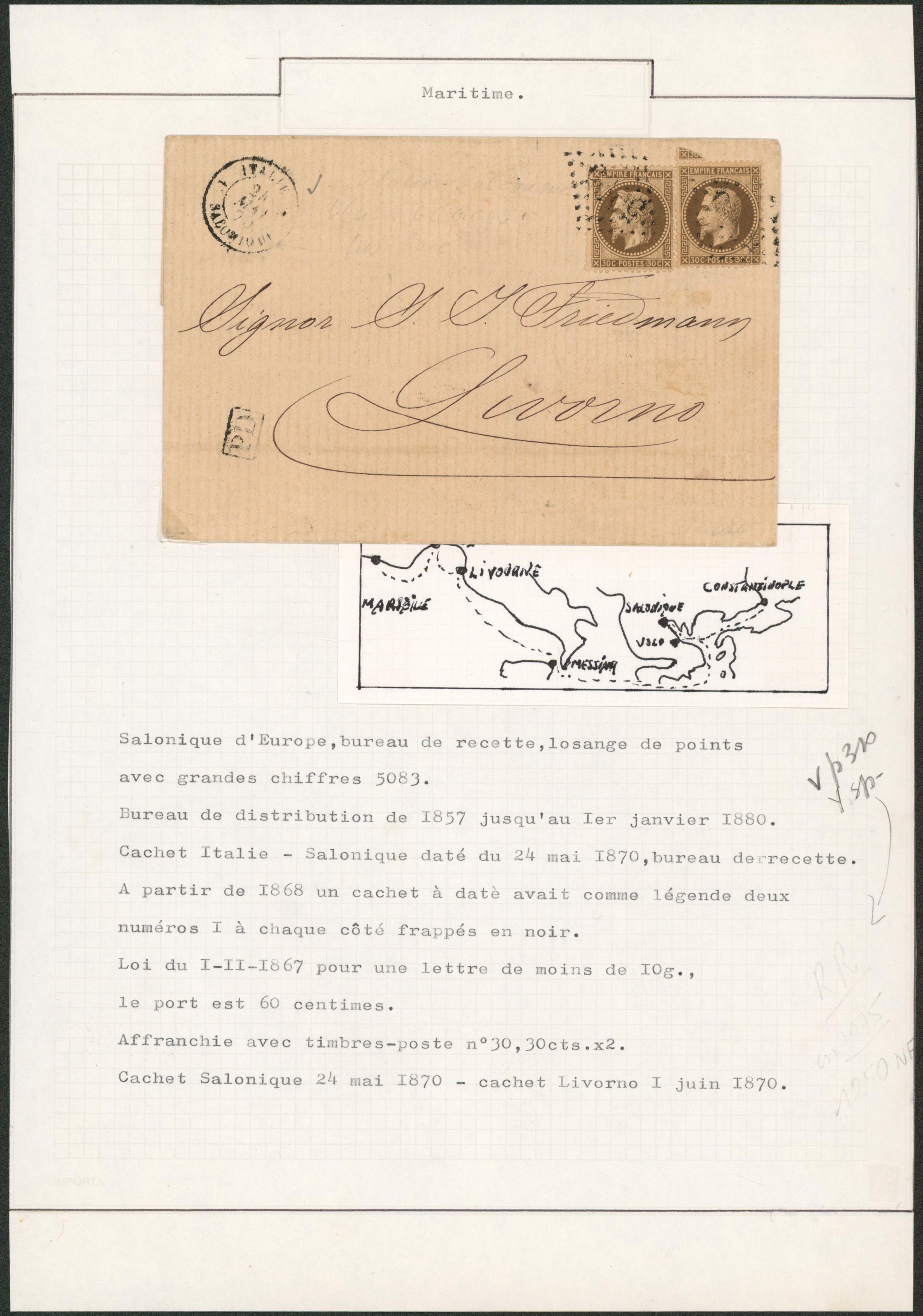 Page de collection (Maritime) - France Yv n°30 en paire sur LSC obl GC 5083 constantinople + cachet de passage "Italie / Salonique" > Livorno (Italie)."