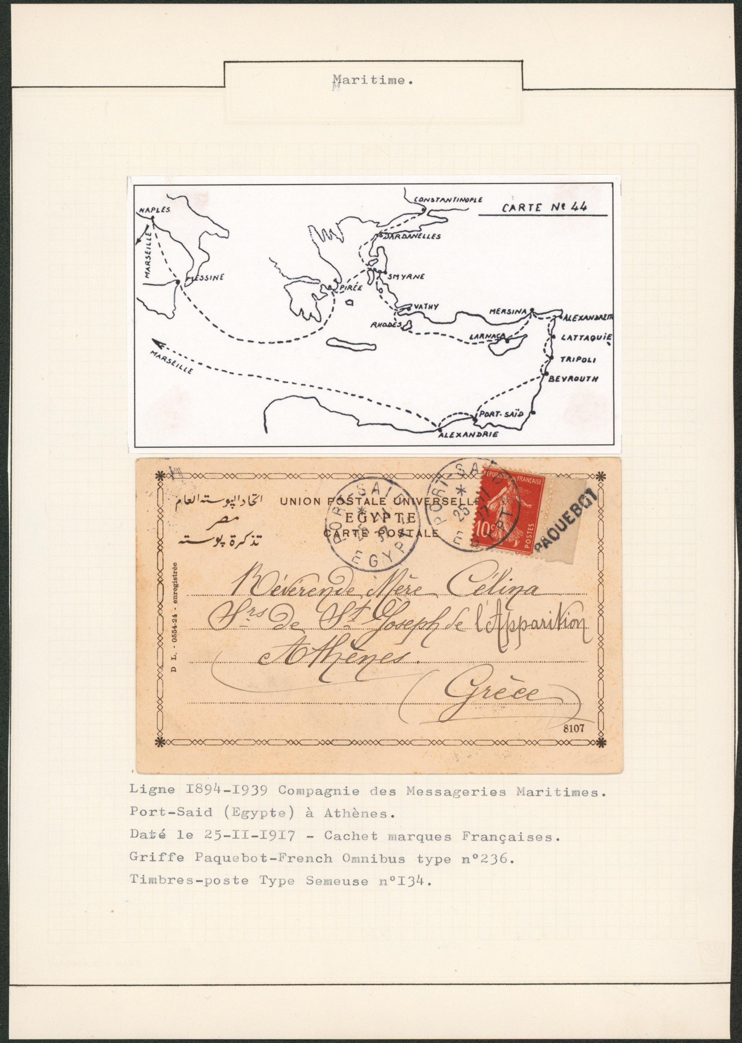 Page de collection (Maritime) - France : Semeuse 10C rouge sur CP expédié de Port-Saïd (egypte) + griffe PAQUEBOT > Athènes (Grèce)