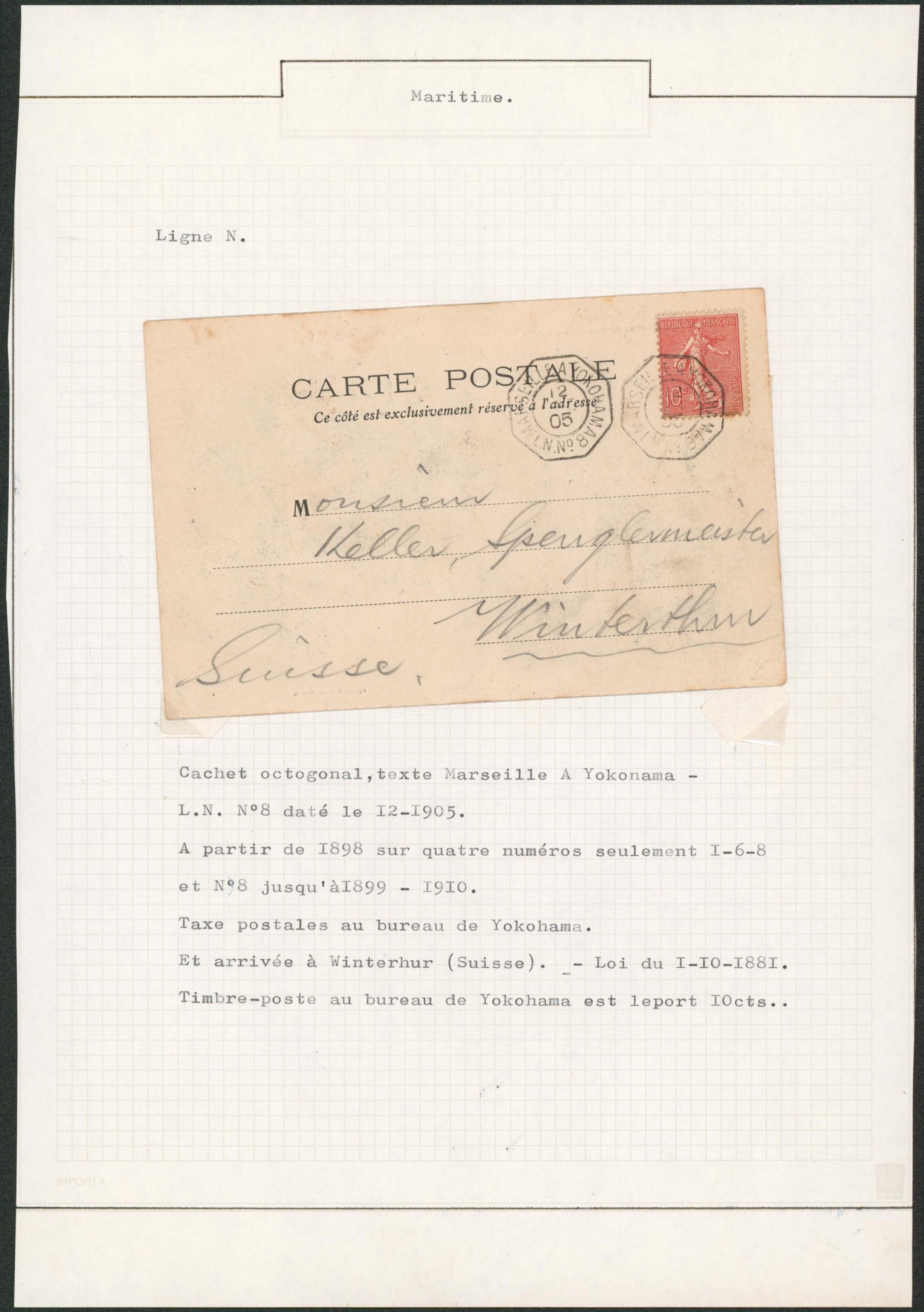 Page de collection (Maritime) - France : Semeuse 10C rouge sur CP + cachet paquebot "Marseille à Yokohama / L.N. n°8" > Winterhur (Suisse). "