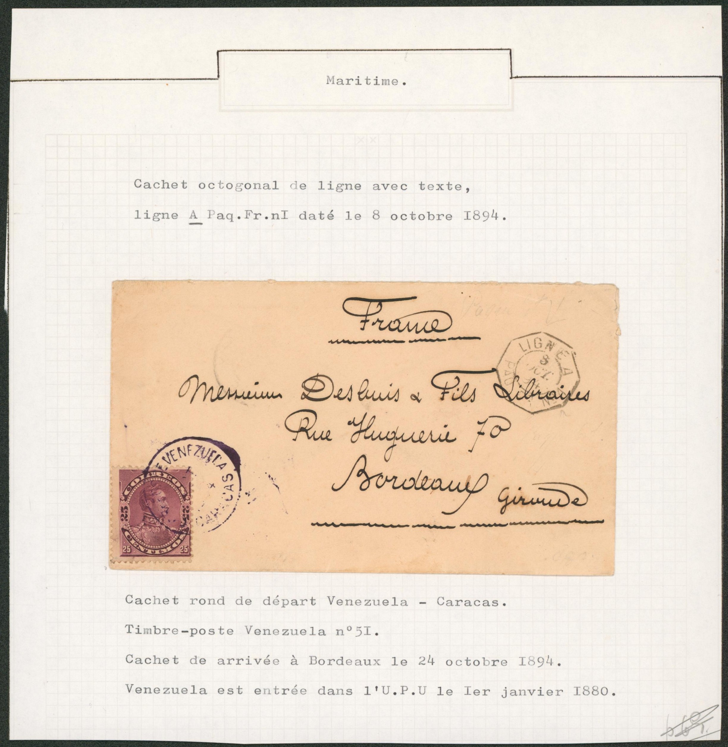 Page de collection (Maritime) - Venezuela Yv n°51 sur lettre + cachet paquebot "Ligne A / Paq. FR. n°4" > Bordeaux"
