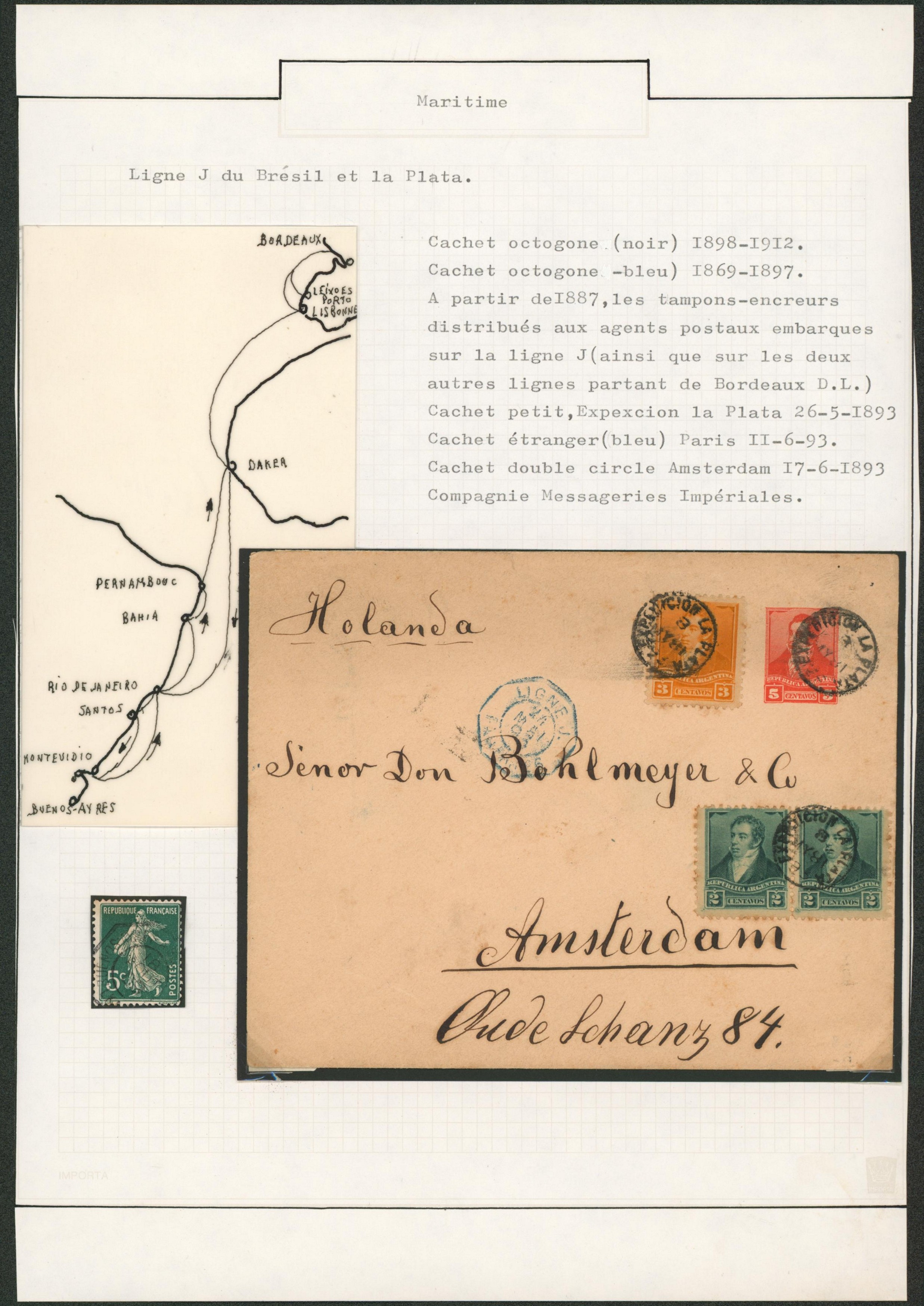 Page de collection (Maritime) - Argentine bel affranchissement sur L. expédié de La plata + cachet paquebot "Ligne J / Paq. Fr n°6" > Amsterdam via Paris. "