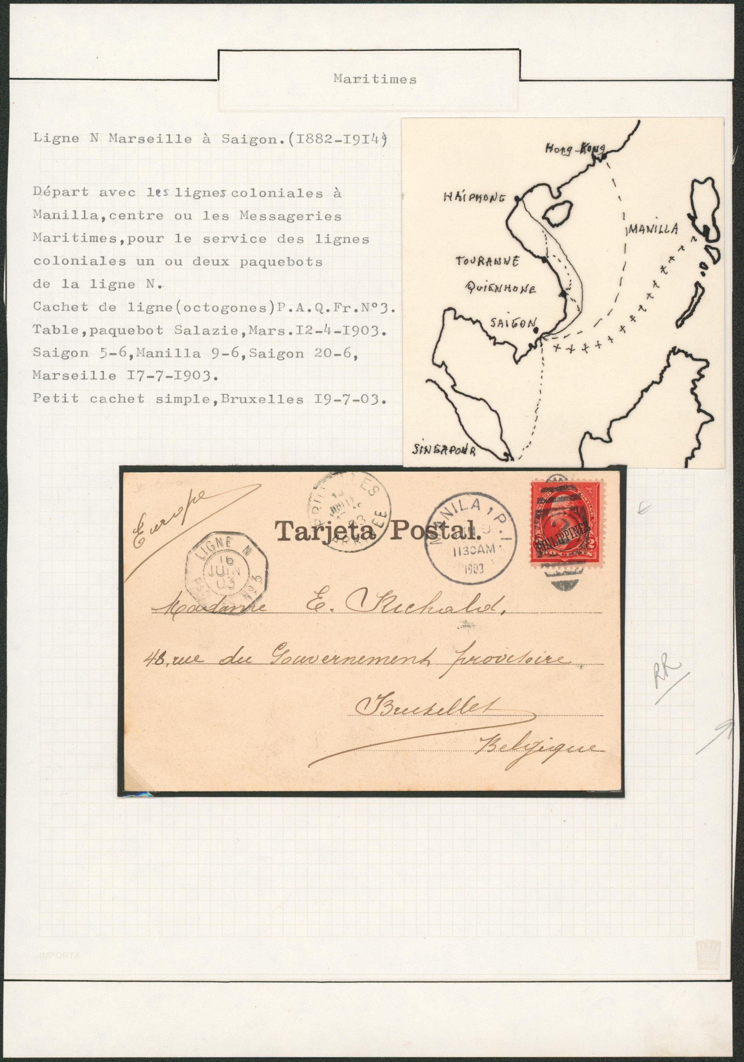 Page de collection (Maritime) - CP expédiée des Philippines (Manila) + cachet paquebot "Ligne N / Paq. FR. n°3" > Bruxelles. "