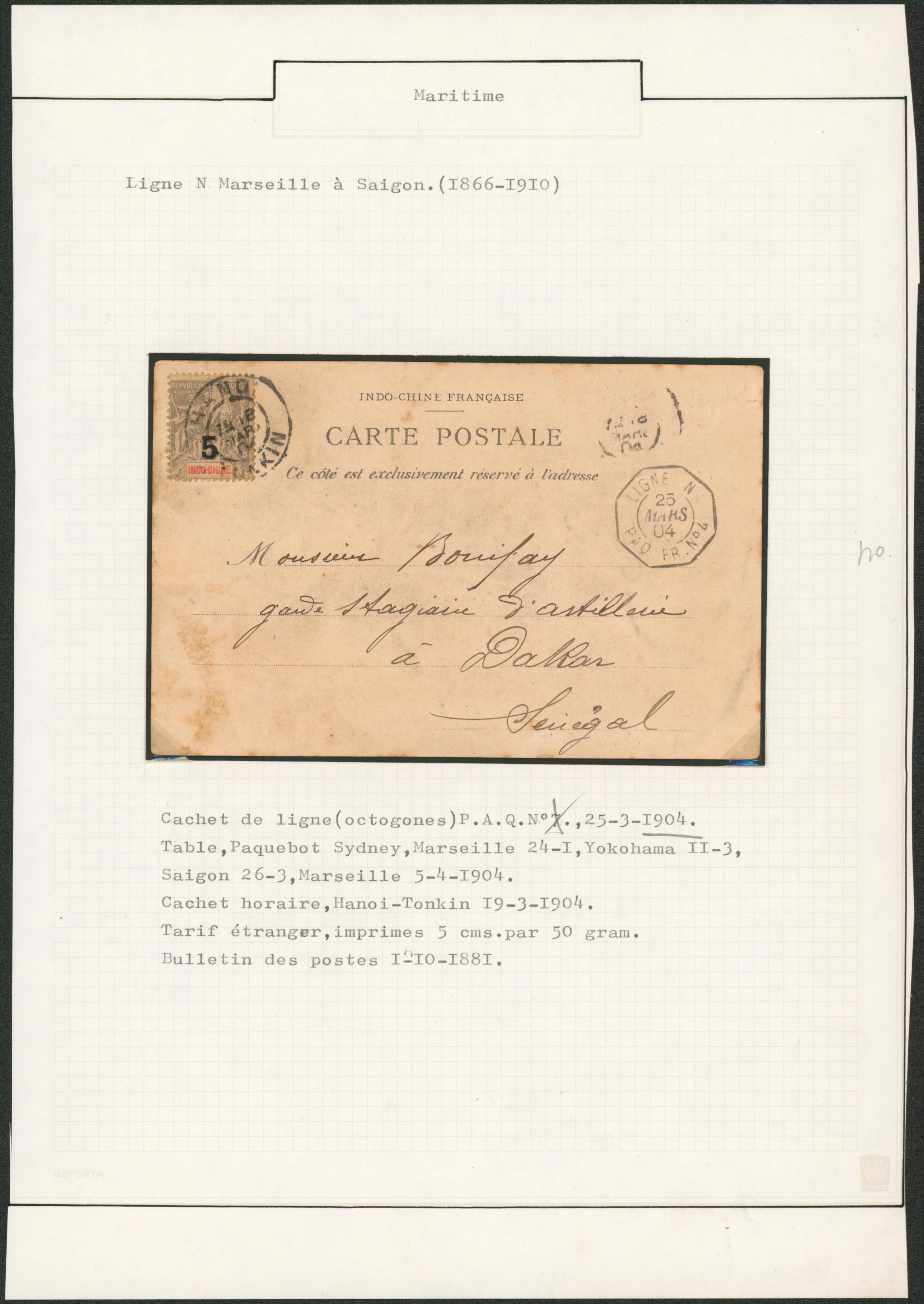 Page de collection (Maritime) - CP expédié de Hanoï (Tonkin) + cachet paqueot "Ligne N / Paq. FR. n°4" > Dakar (Sénégal)"