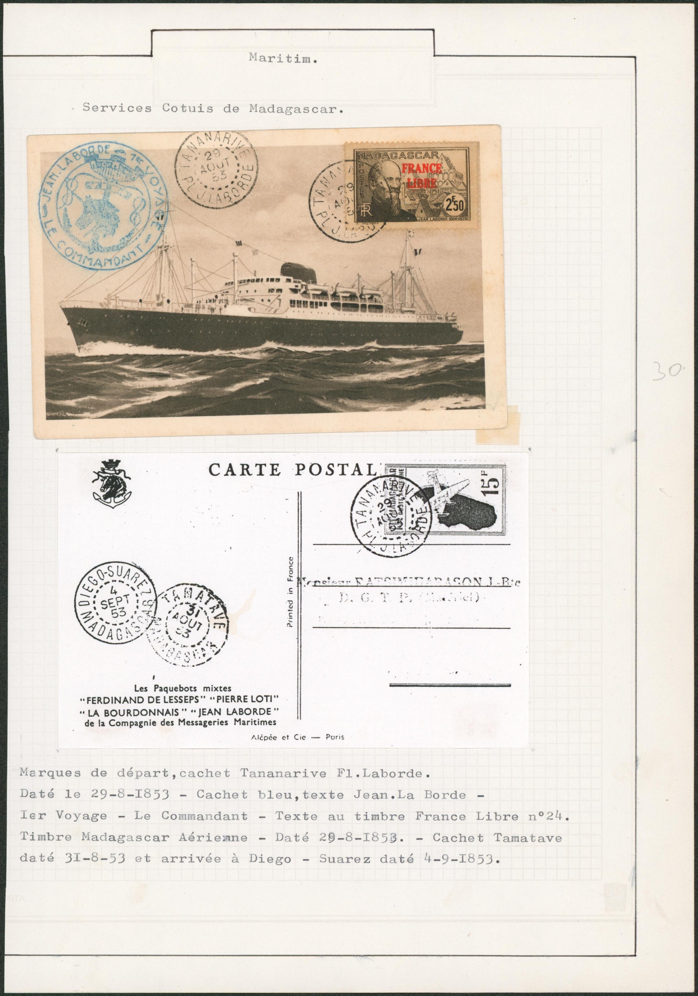Page de collection (Maritime) - CP PAQUEBOT + affranchissement mixte (Madagascar) de Tananarive et cachet spéciale "Jean Laborde, 1er voyage / Le commandant" > Diego-Suarez. "