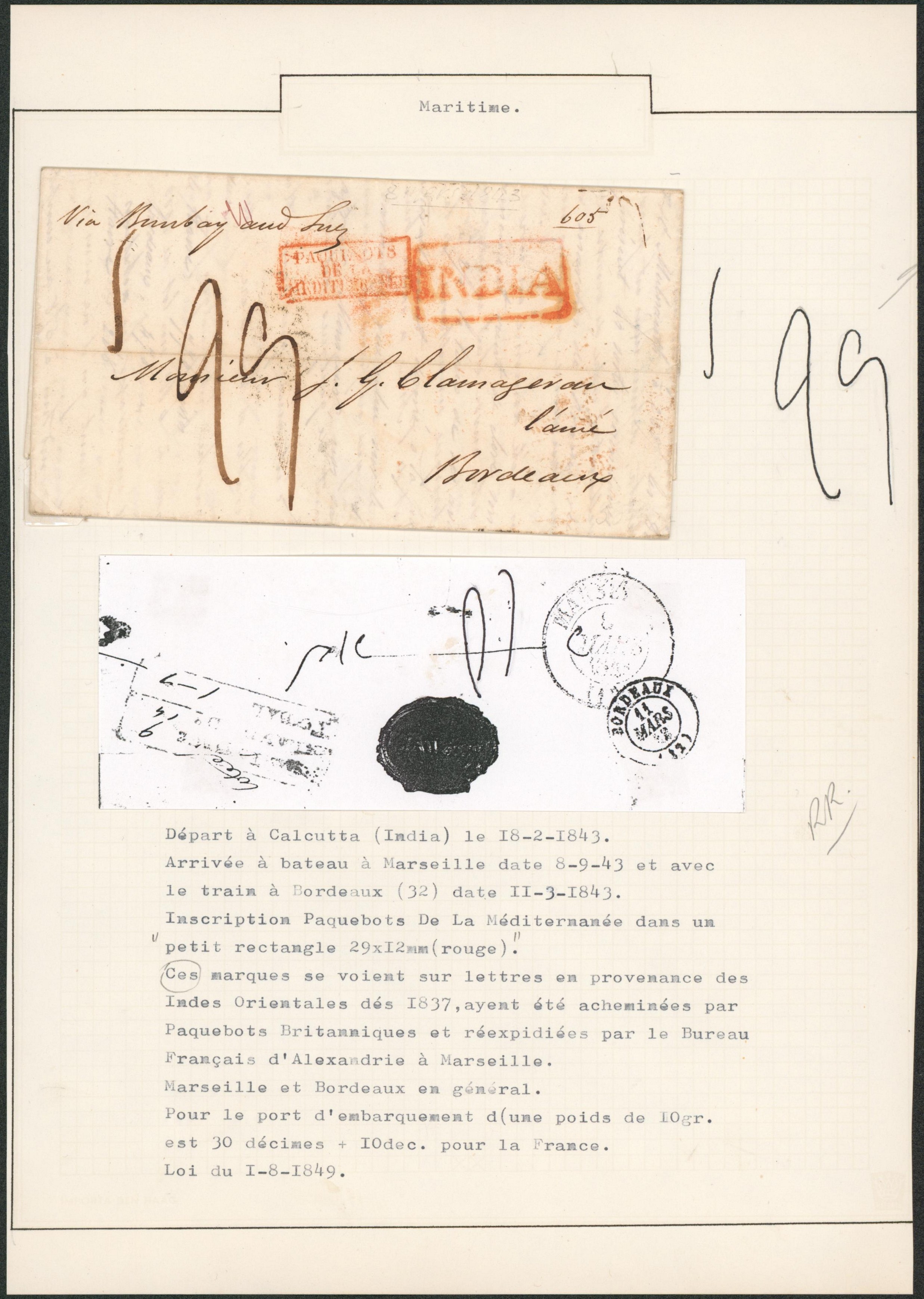 Page de collection (Maritime) - LAC datée de Calcutta (Inde) + encadré rouge "Paquebots de la méditérranée" et "INDIA", tawe manuscrite > Bordeaux / Taxe de transport au verso. Superbe ! "