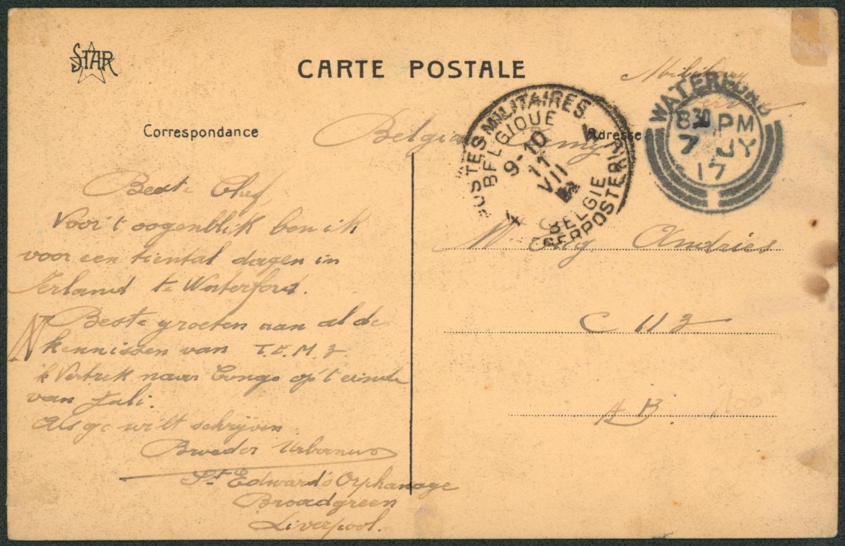 CP en S.M. (Belgian army), néerlandais à Liverpool + cachet dateur "Waterford" > C II Z AB çàd obl P.M.B. 4"