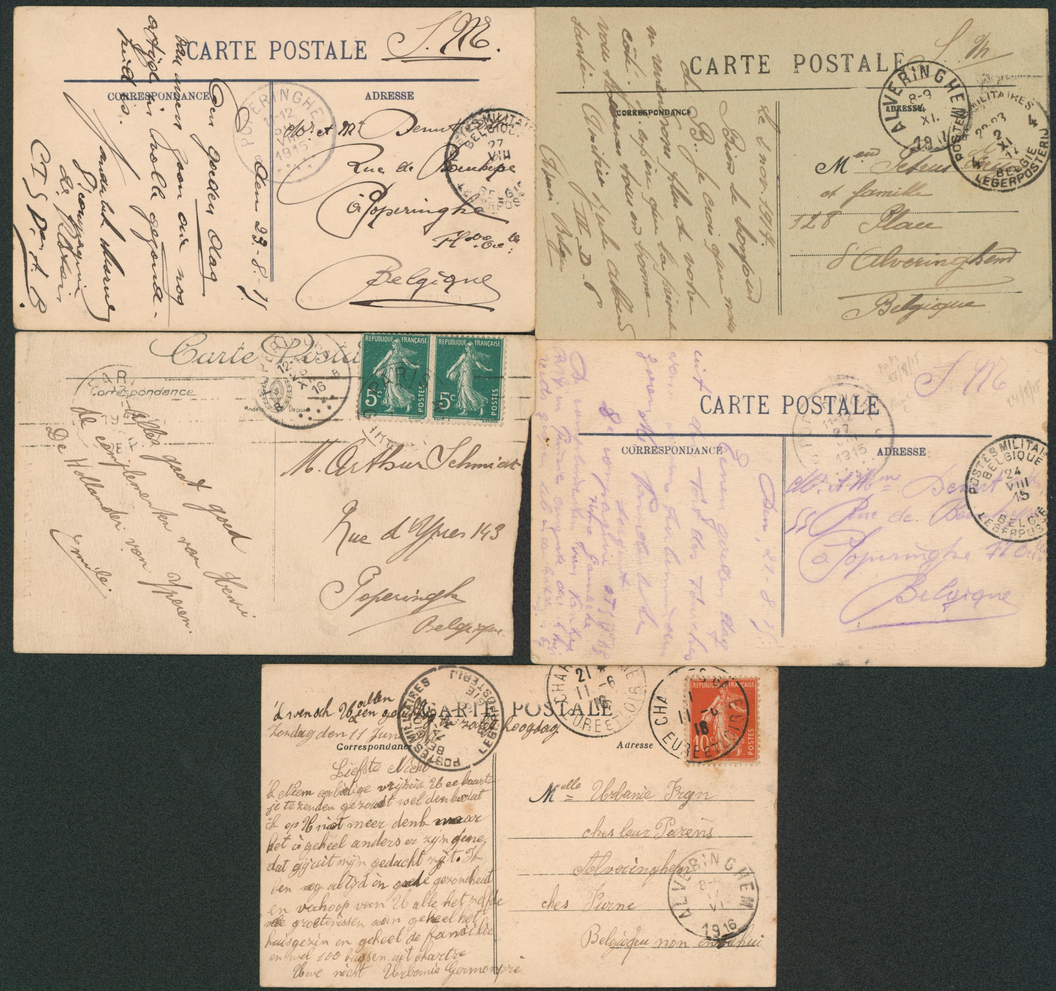 WWI - Ensemble de 5 cartes (S.M. ou affranchie par timbre français type semeuse) > Territoire non envahi (Poperinghe, furnes). A voir ! 