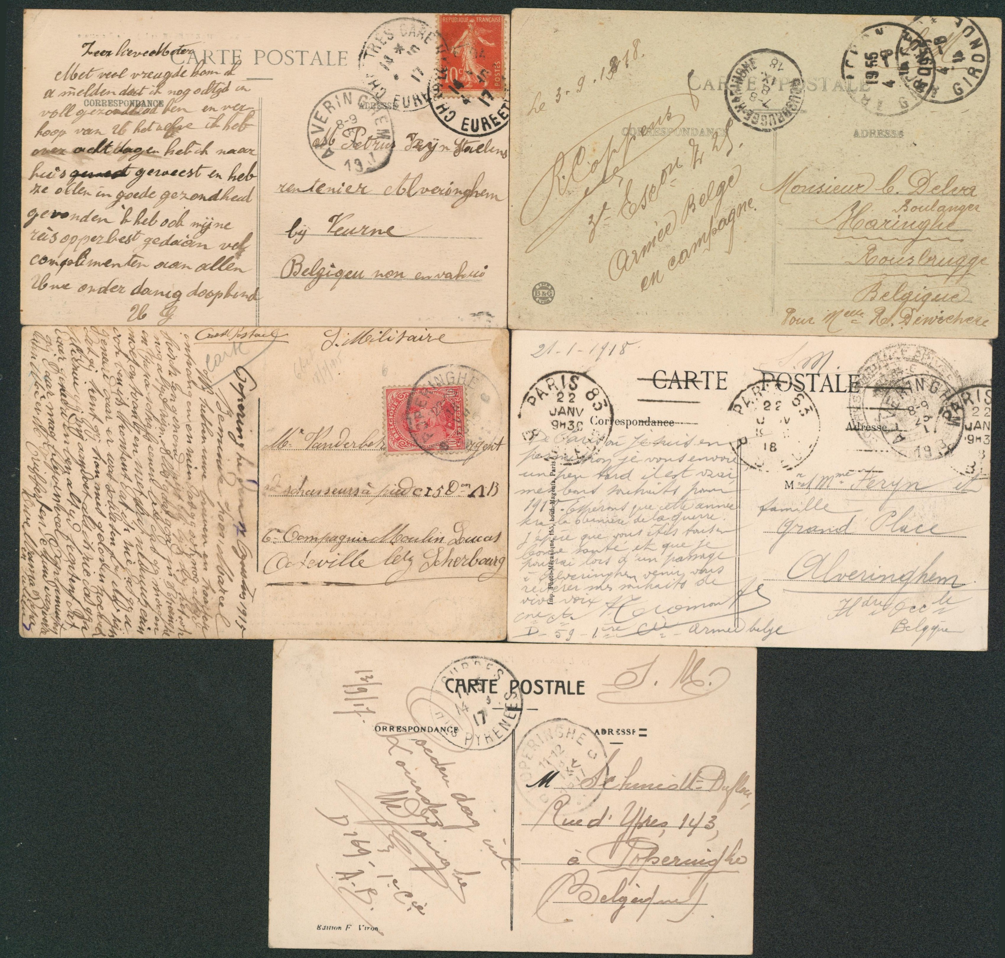 WWI - Ensemble de 5 cartes (S.M. ou affranchie) > Territoire non envahi (Alveringhem, poperinghe, rousbrugge). A voir ! 