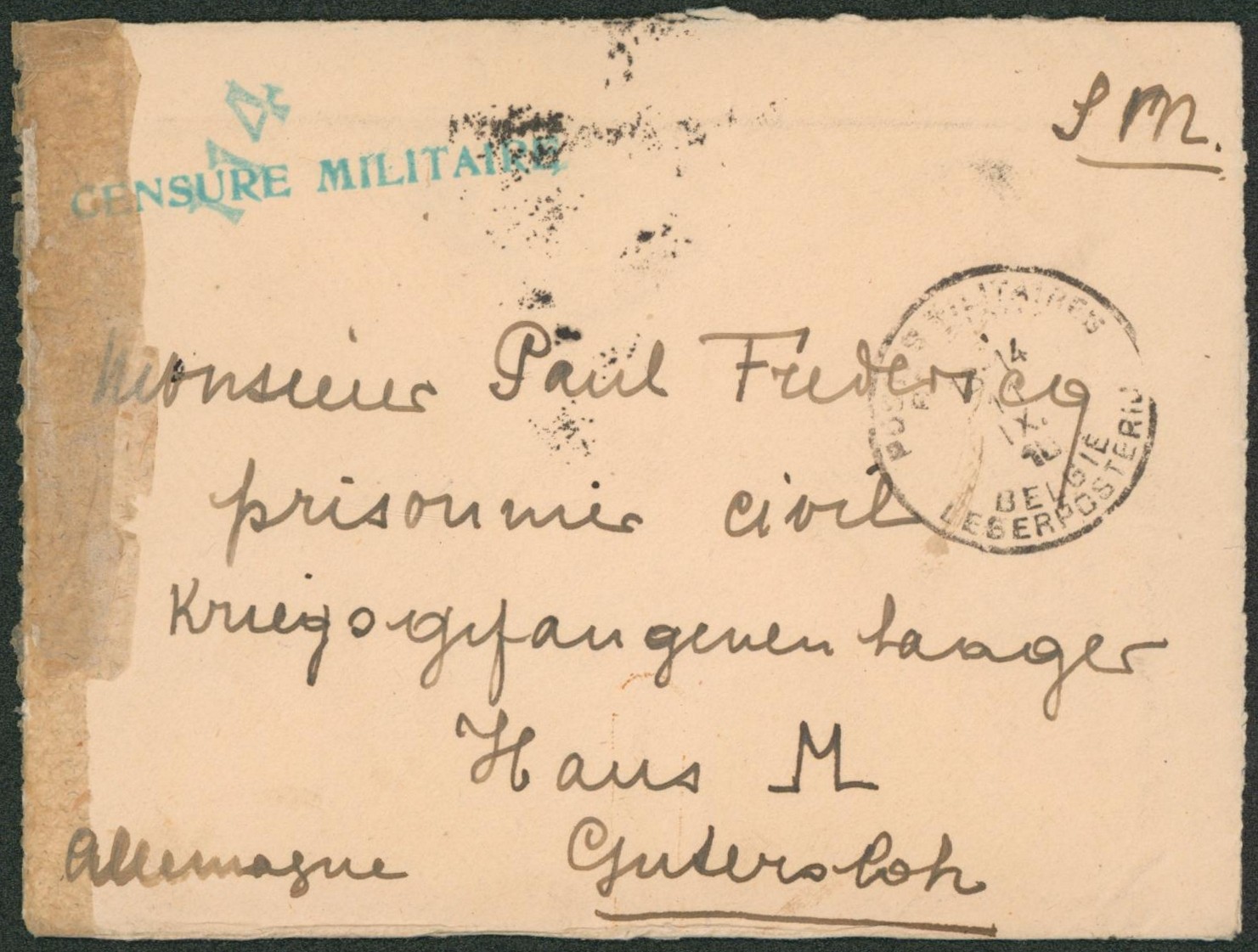 Lettre sans contenu en S.M. (1916) obl P.M.B. + censure militaire (vert) et chiffre 114 > Prisonnier civil en Allemagne (Gütersloh)