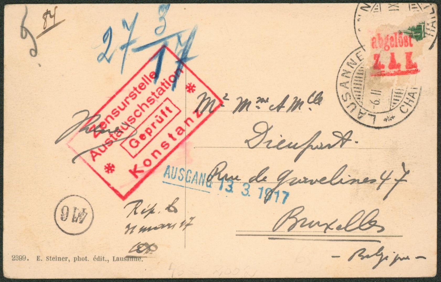 Interné en suisse - Timbre arraché par la censure sur CP expédié de Lausanne + Gepruft Konstanz > Bruxelles