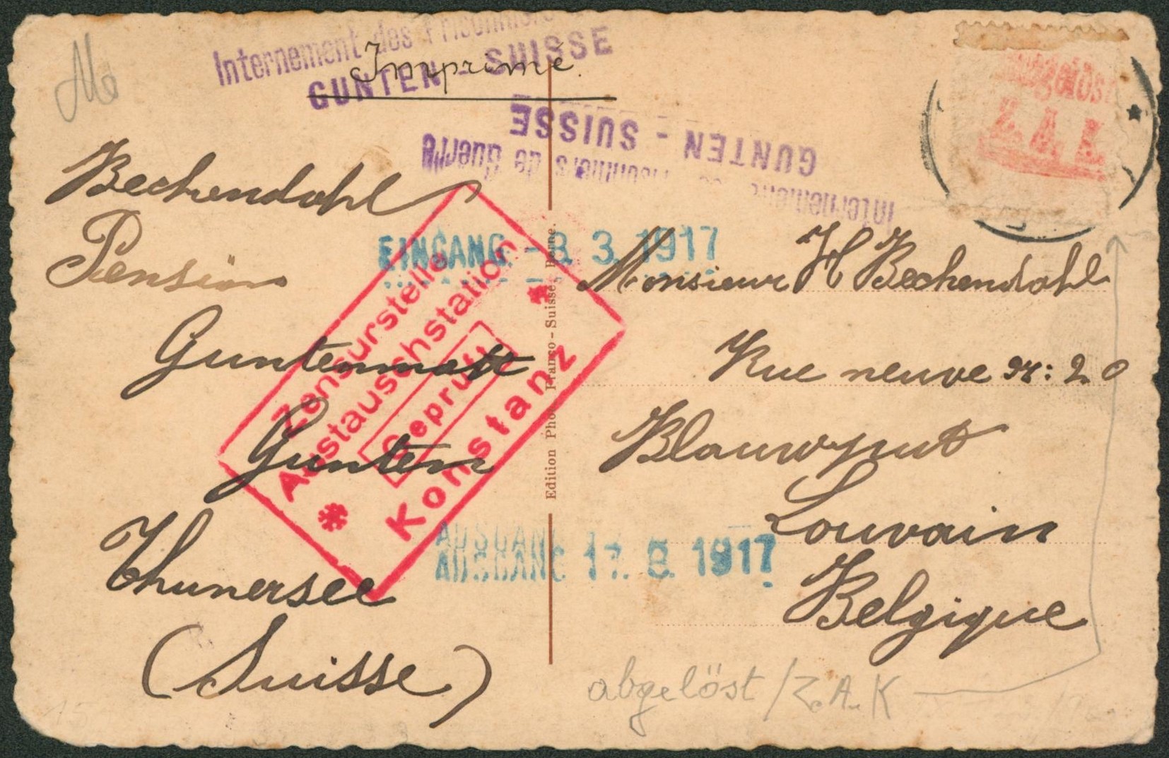 Interné en suisse - Timbre arraché par la censure sur CP expédié de Thunersee + Gepruft Konstanz et griffe "internement des prisonniers de guerres" > Bruxelles"