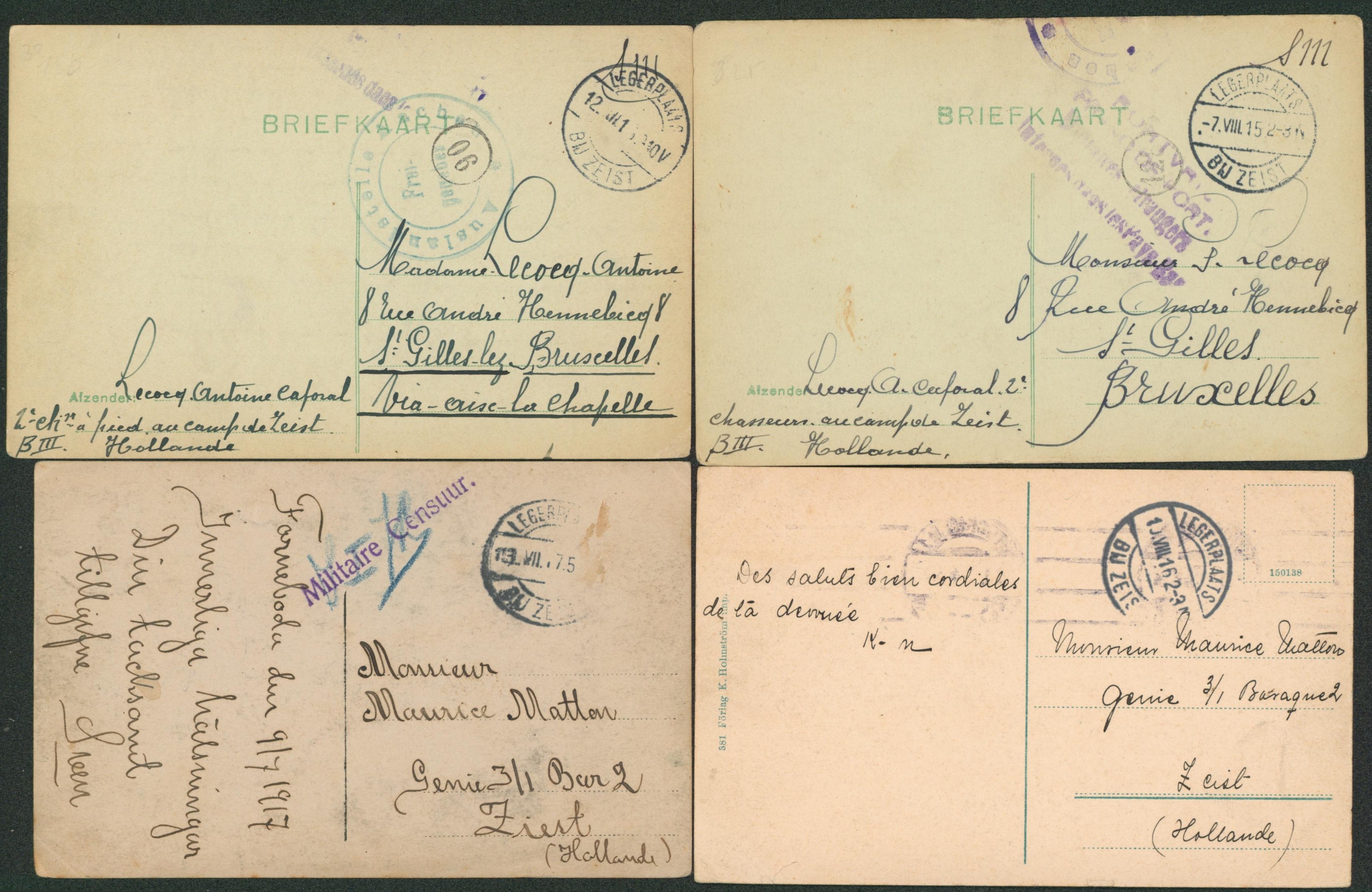 Camp de Zeist - ensemble de 2 Briefkaart en S.M. de Zeist > St-Gilles + 2 CP affranchie en Suède > Camp de Zeist + censure. Bel ensemble ! 