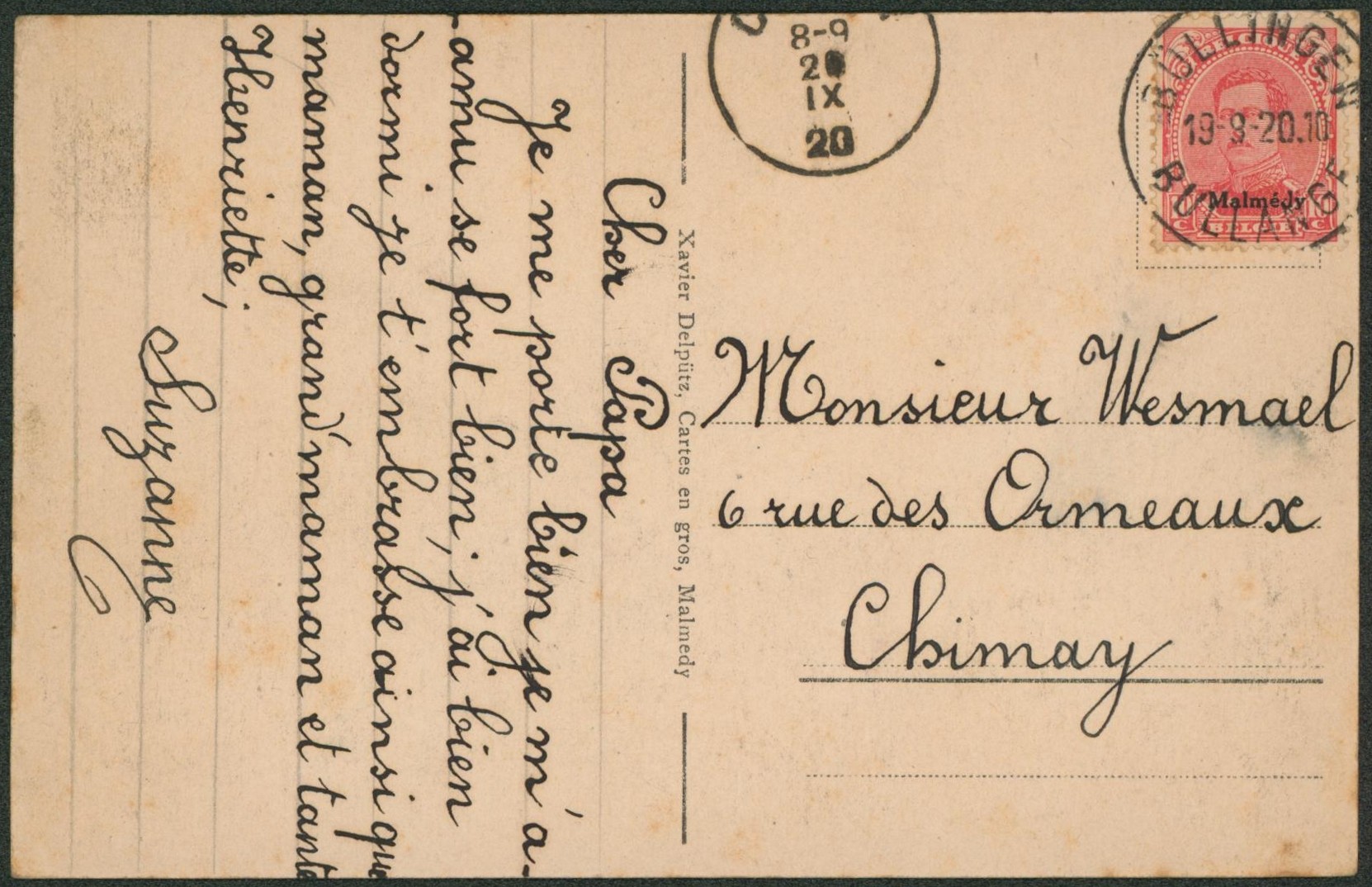 Canton de l'est - OC66 sur CP vue obl simple cercle "Bullingen / Bullange" > Chimay. "