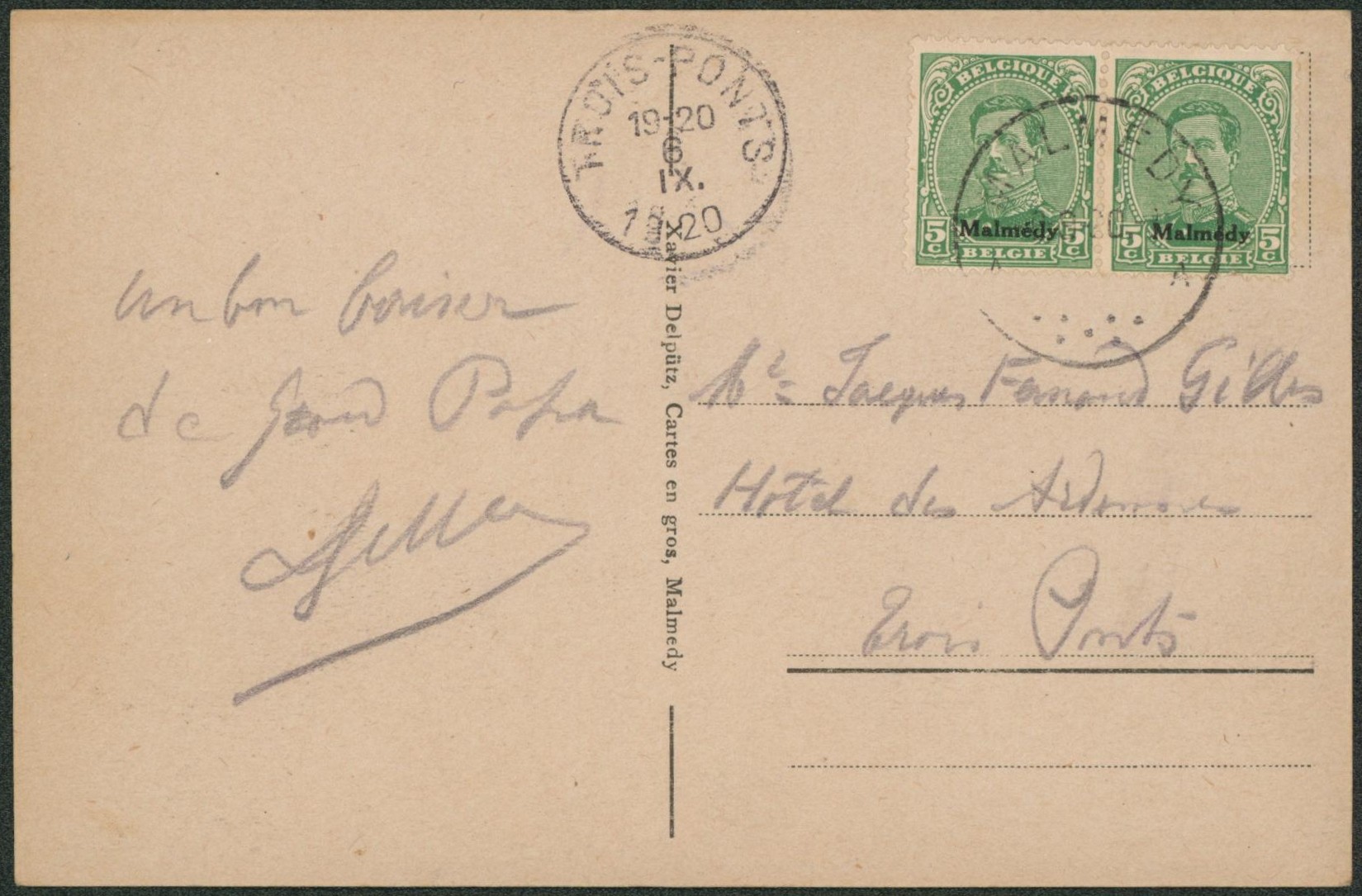 Canton de l'est - OC65 en paire sur CP vue expédié de Malmedy > Trois-ponts