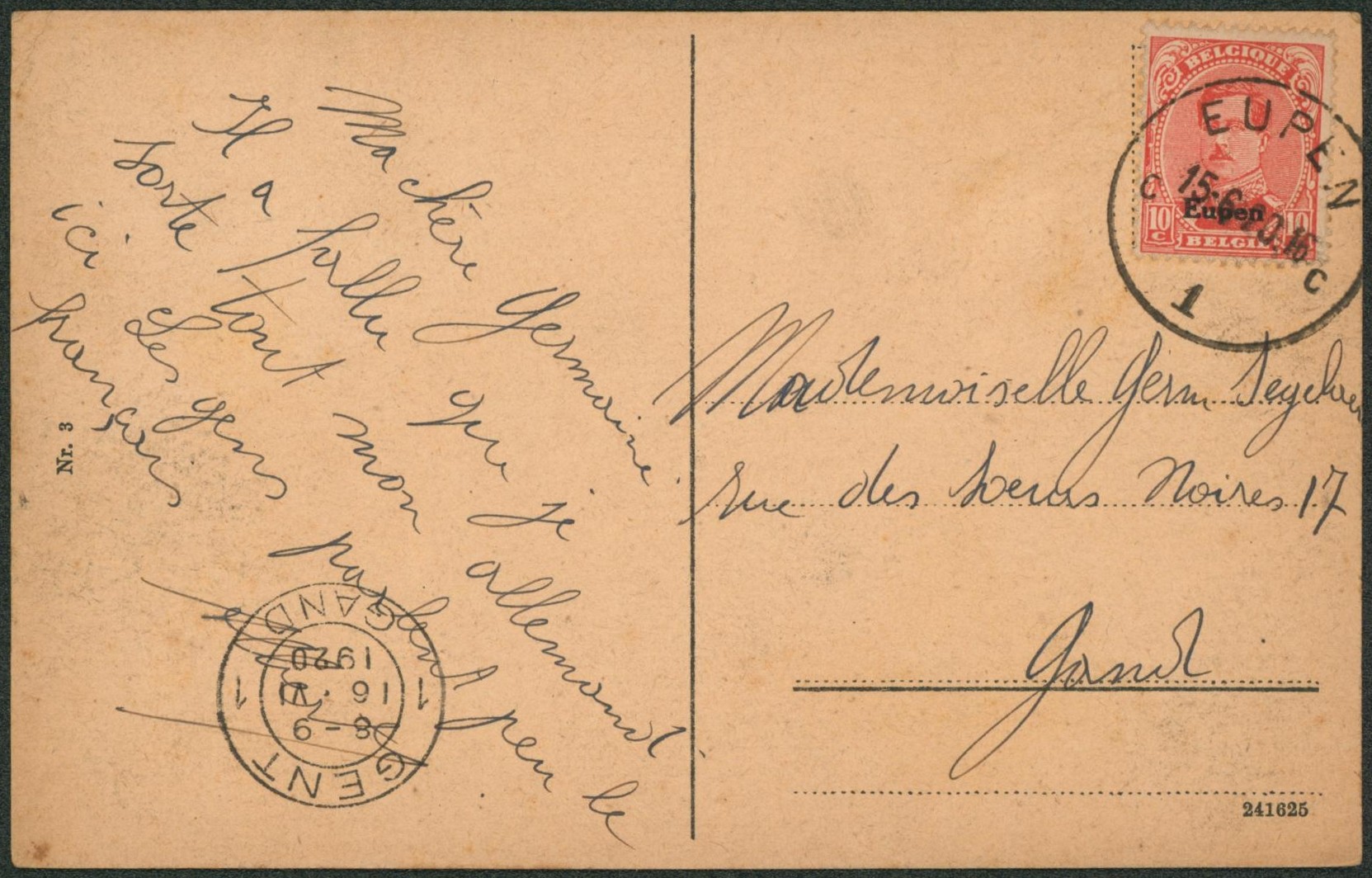 Canton de l'est - OC88 sur CP expédié de Eupen > Gent / Gand. 