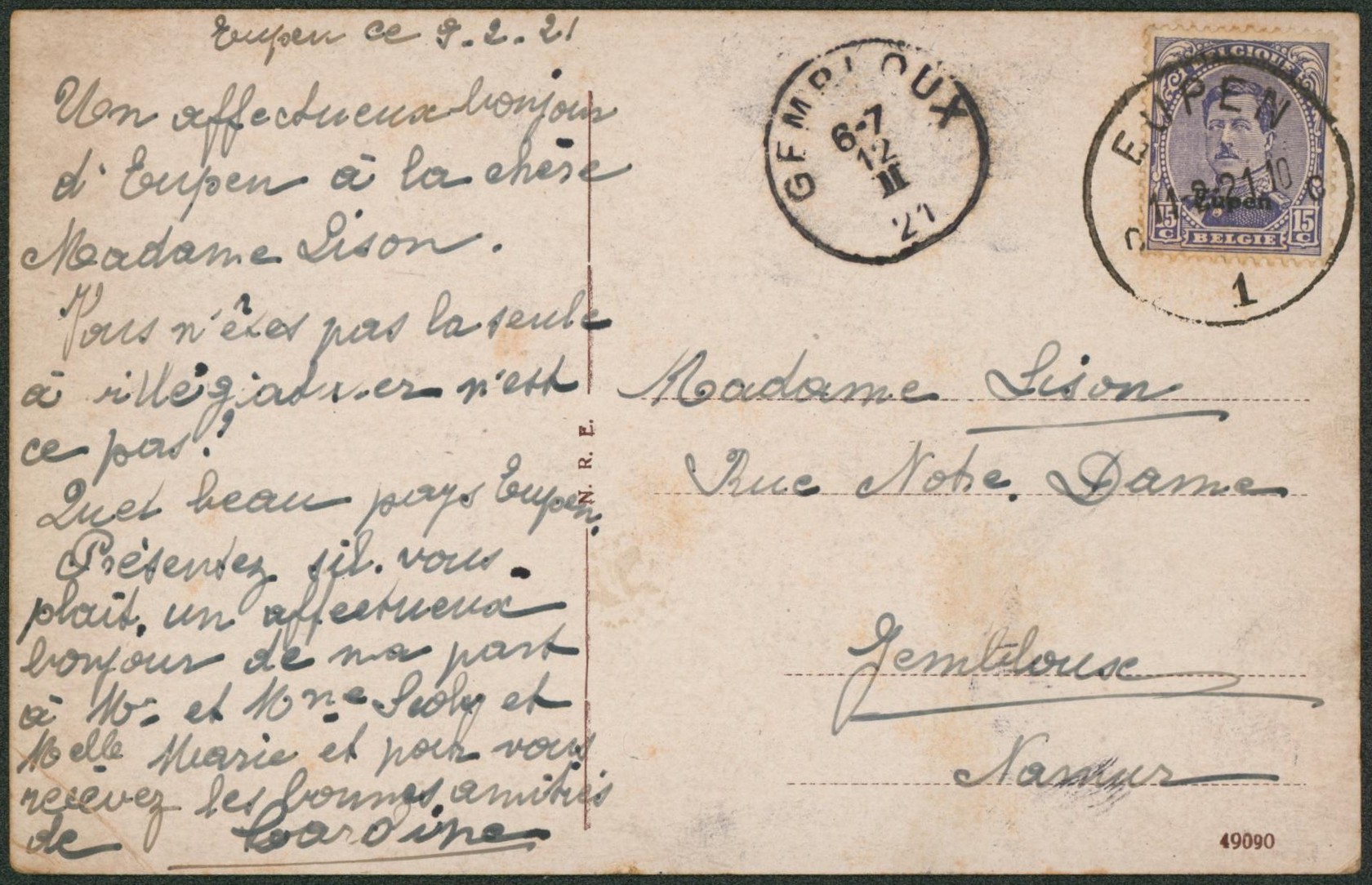 Canton de l'est - OC89 sur CP expédié de Eupen > Gembloux 