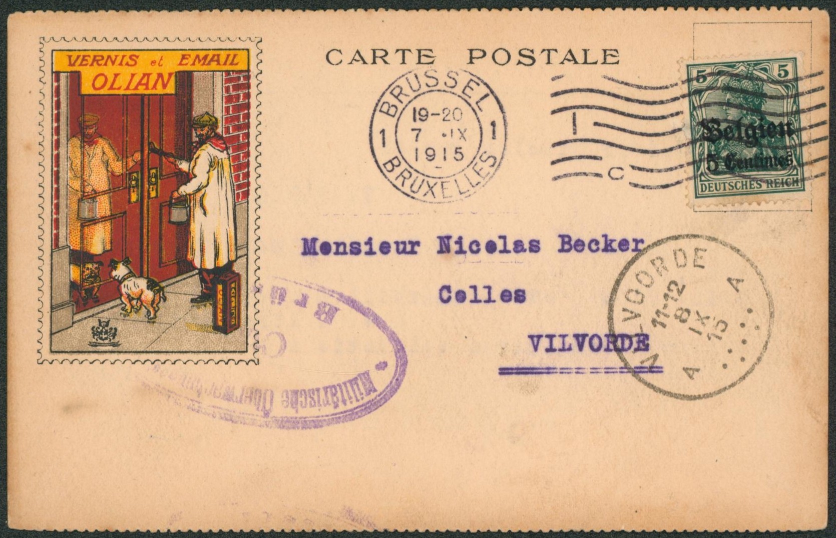 OC2 sur CP PUB (Vernis OLIAN) expédié de Bruxelles > Vilvorde. 