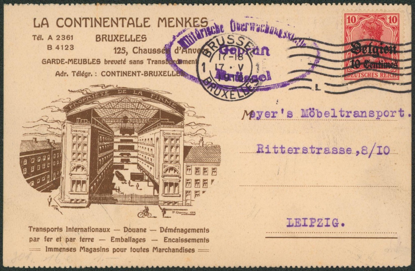 OC3 sur CP illustrée (la continentale menkes, transports) de Bruxelles > Leipzig (Allemagne). 