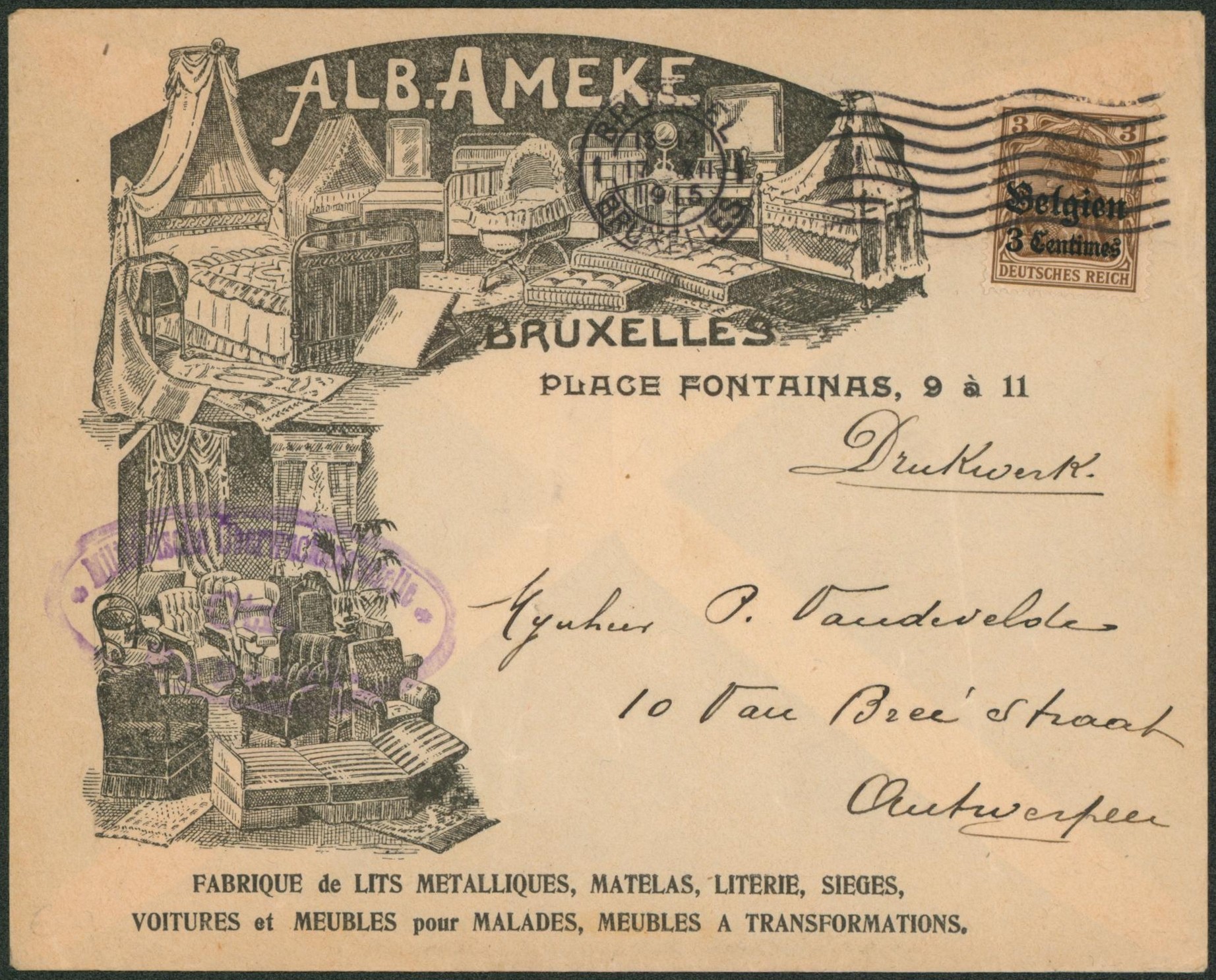 OC1 sur lettre illustrée (Fabrique de lit métalliques) de Bruxelles > Antwerpen. Superbe