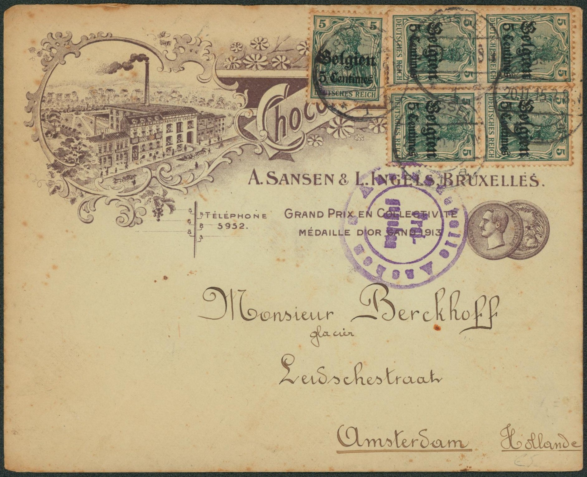 OC2 x5 sur lettre illustrée (chocolat) expédié de Bruxelles > Amsterdam. 