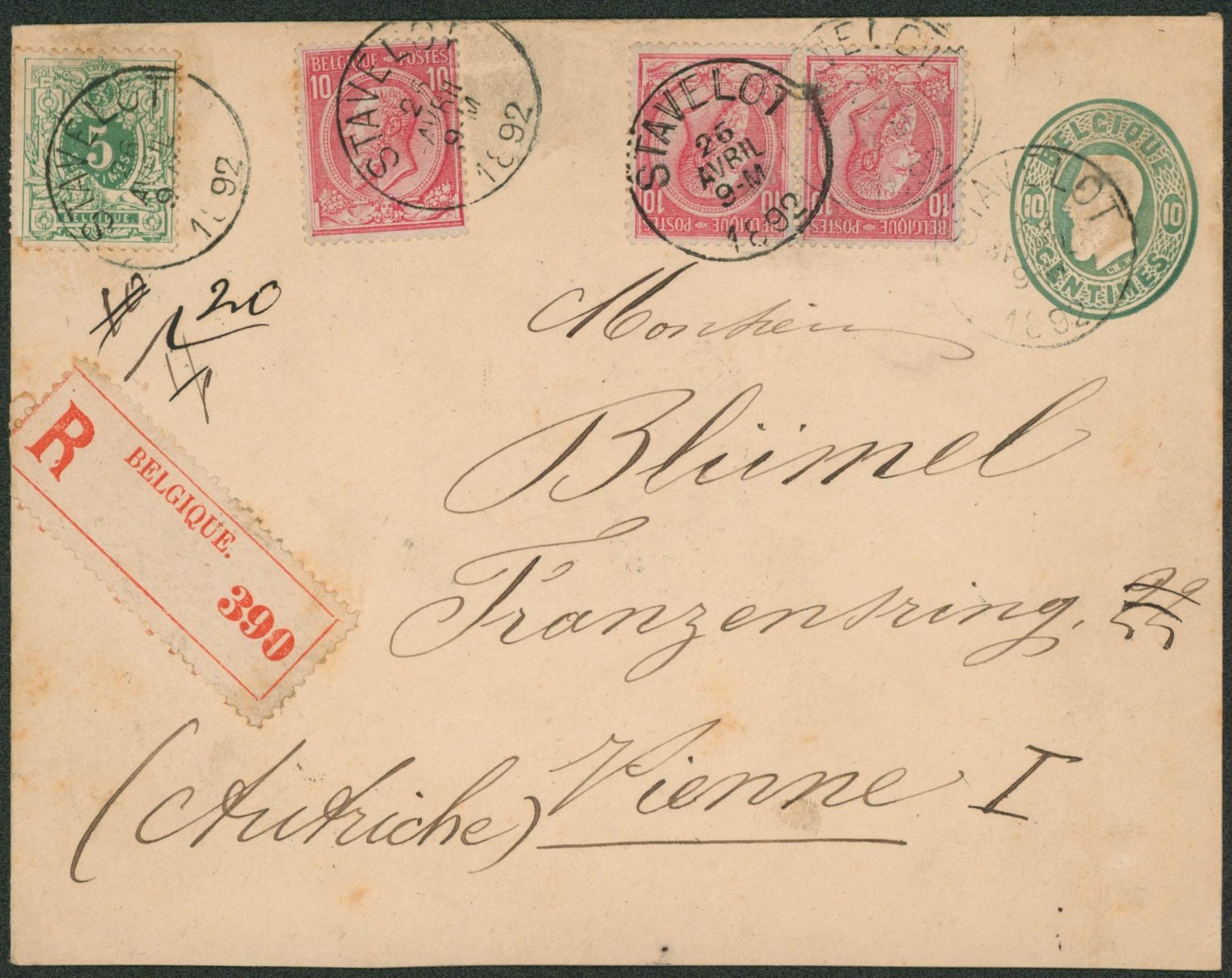 EP au type Env. 10ctm vert en recommandé + n°46 x3, 45 et 43 x5 (verso) expédié de Stavelot (indication du poids) > Vienne (Autriche)