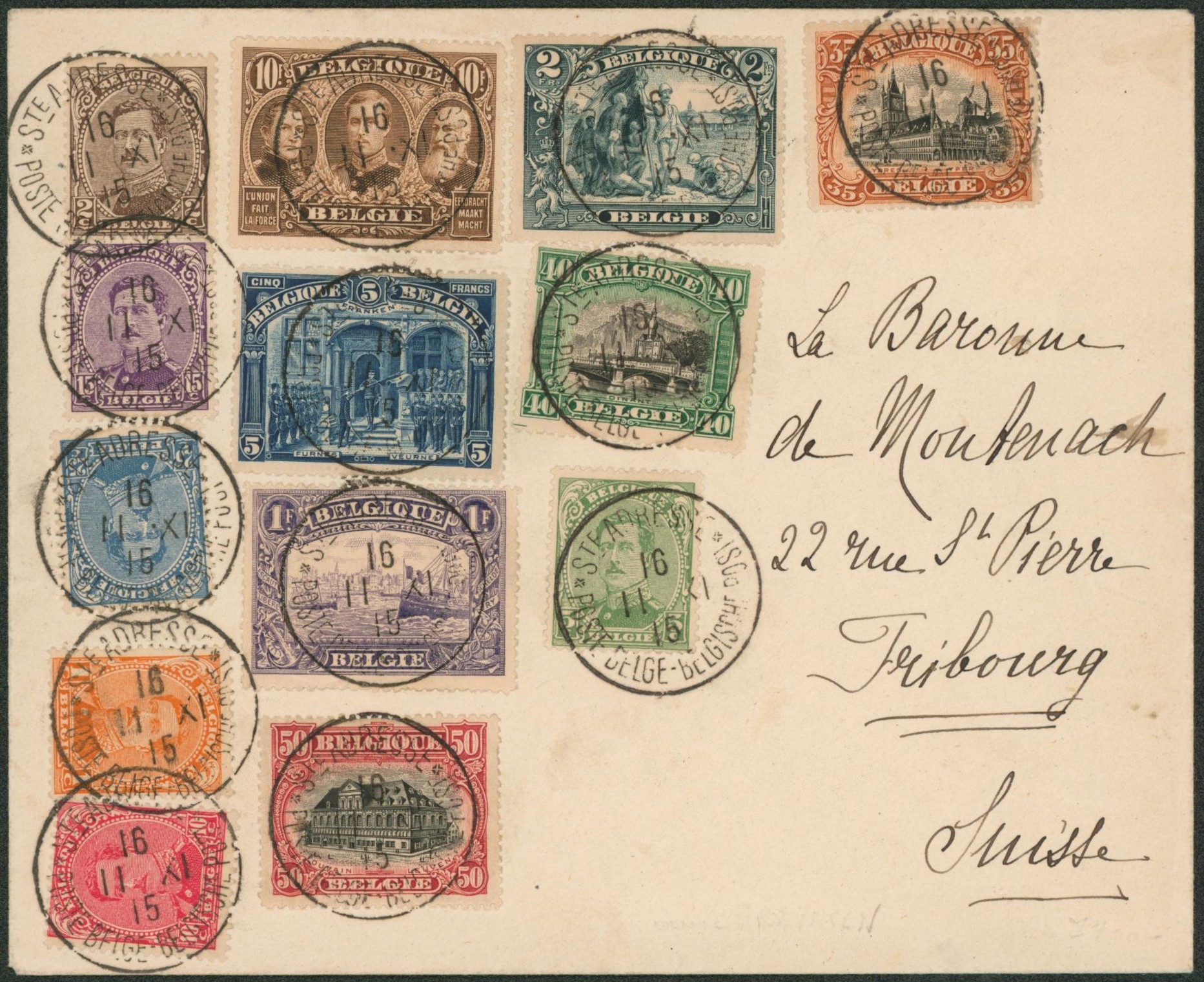 Albert I - série quasi complète (sans n°139 et 148) sur lettre obl Ste adresse > Fribourg (Suisse) / Complaisance, franken. 