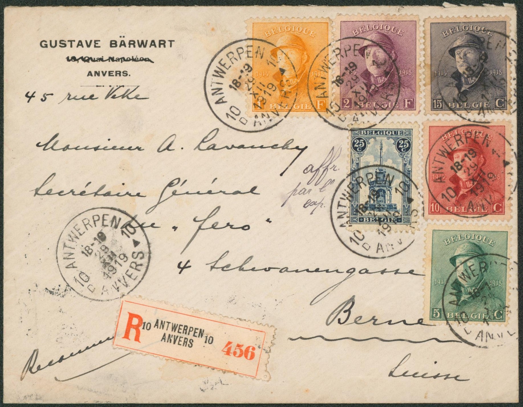 n°164, 167/69, 175 et 176 sur lettre en recommandé (affranch. Par l'expéditeur) de Antwerpen / Anvers > Berne (Suisse). Superbe ! 