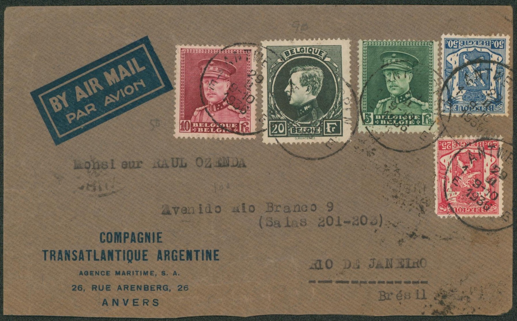 Affranch. Mixte dont n°290, 323/24 sur lettre par avion de Antwerpen (compagnie transatlantique argentine) > Rio de Janeiro (Brésil)