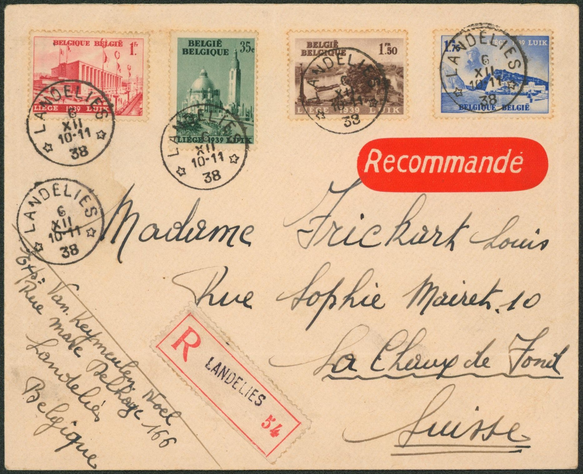 n°484/87 sur lettre en recommandé expres + obl relais "Landelies" > Chaux de fonds (Suisse). "