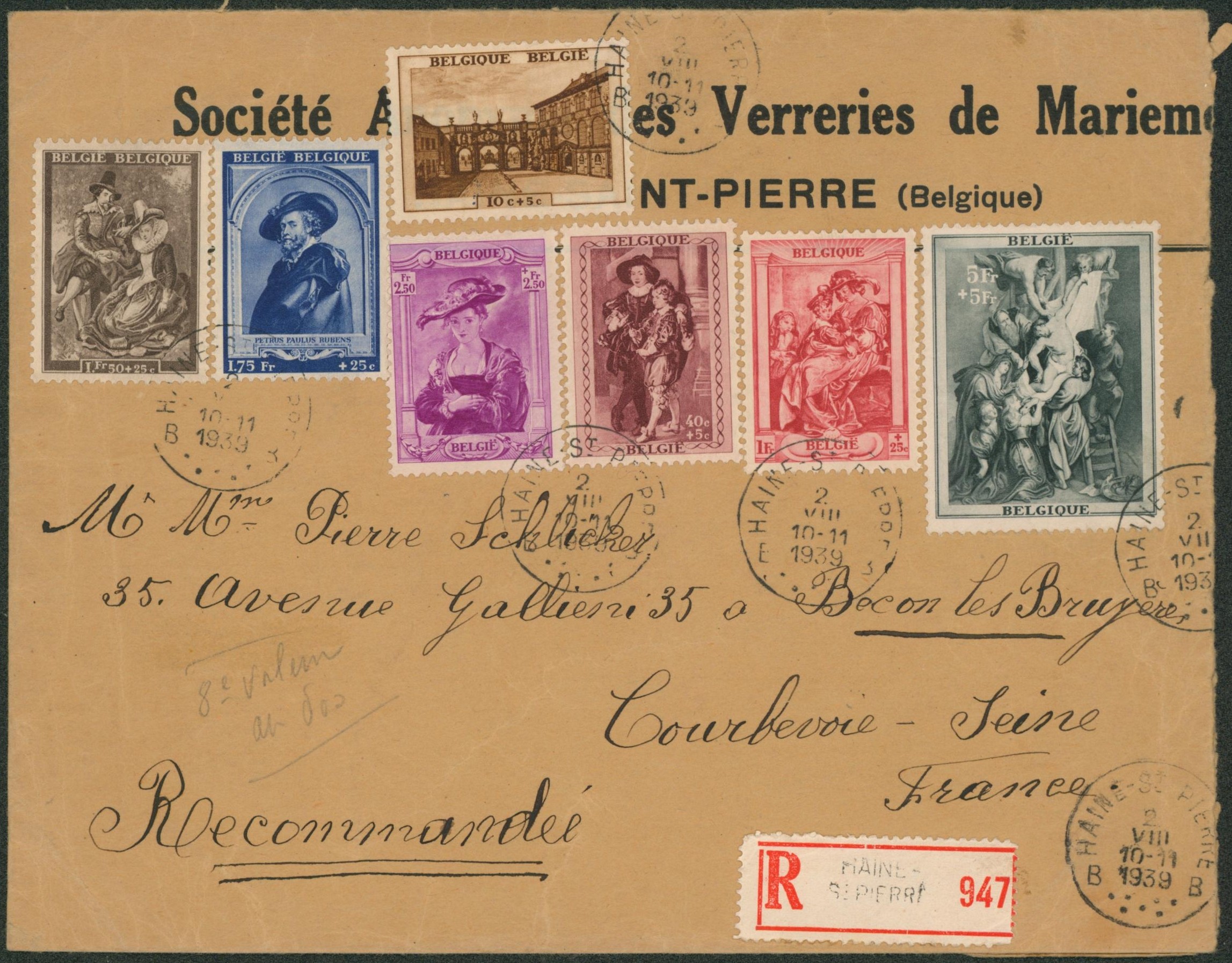 Série complète n°504/11 sur lettre en recommandé de Haine-St-Pierre > Courbevoie (France) / verso vignette antituberculeux. 