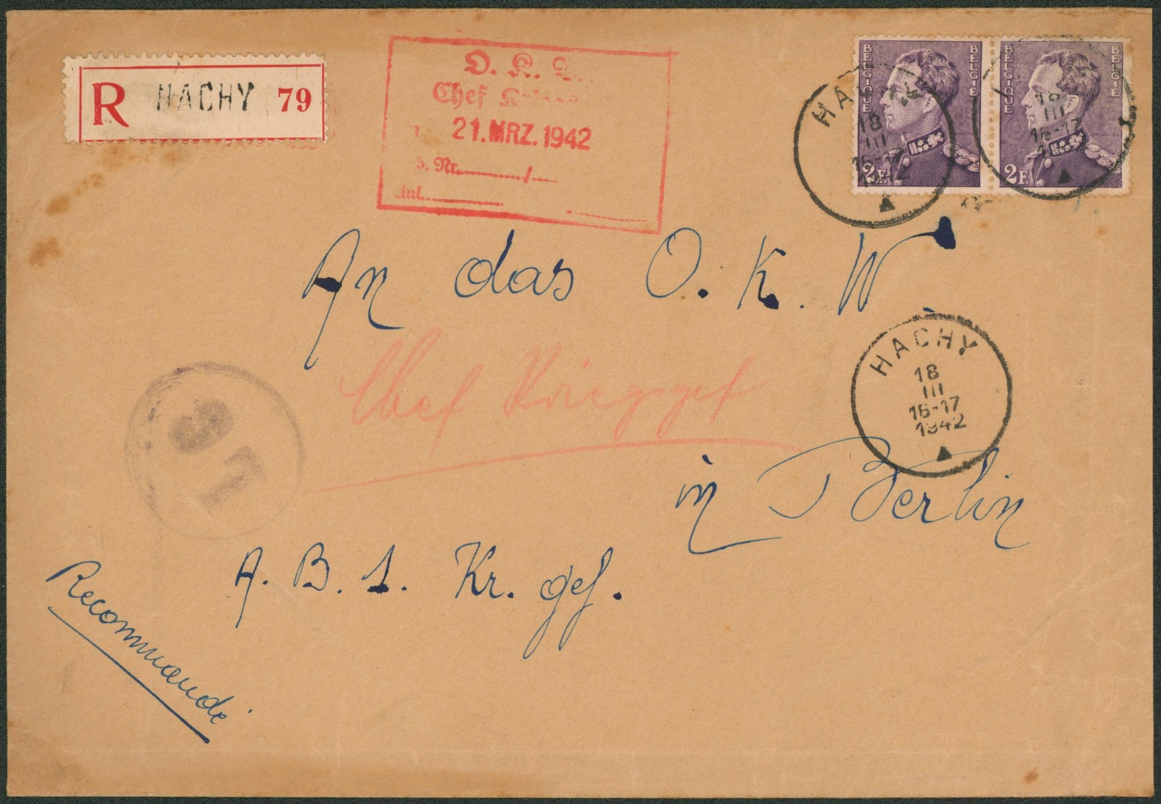 n°431 x2 sur lettre en recommandé de Hachy + encadré allemand et numéro de censeur > Berlin