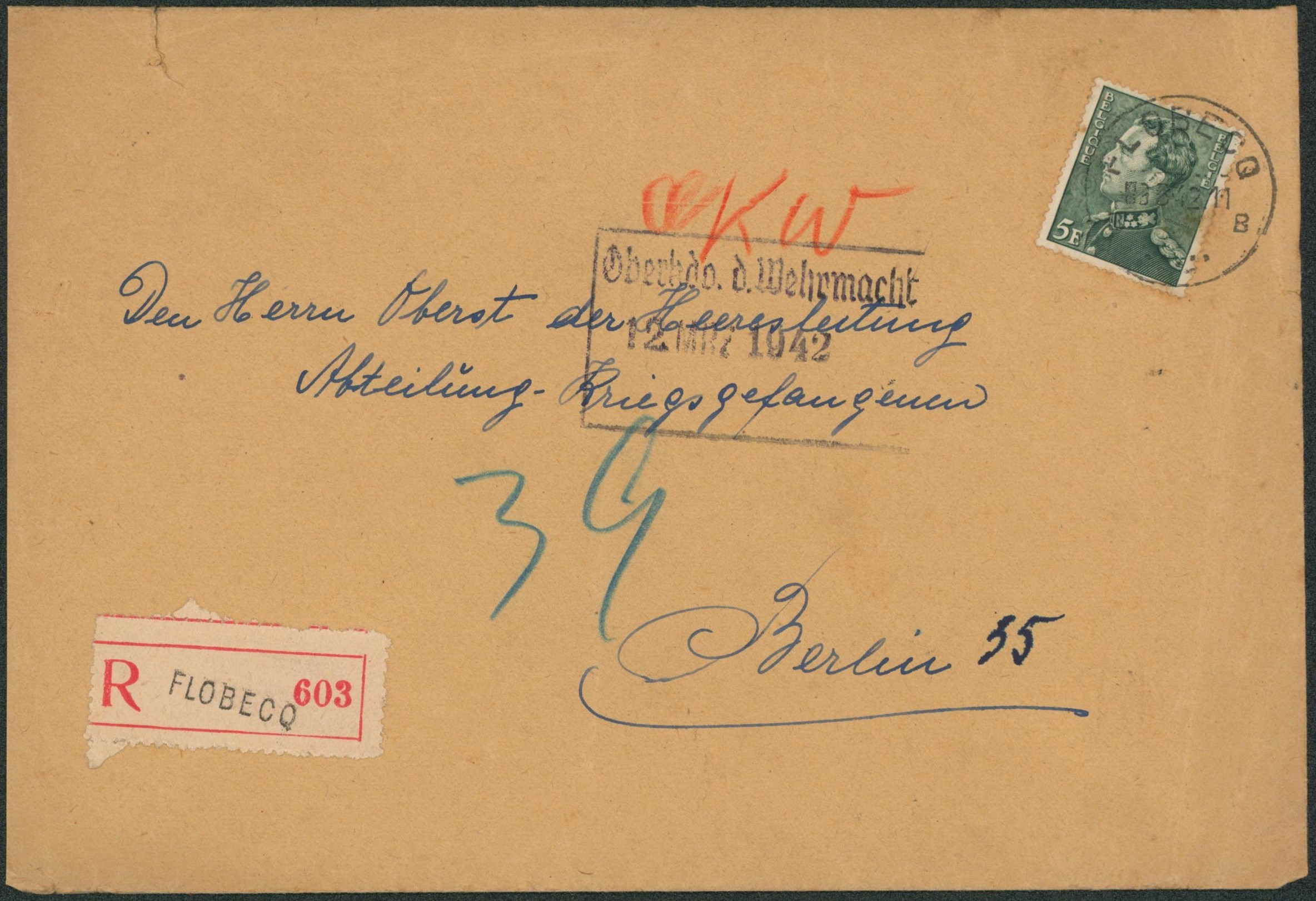 n°433 sur lettre en recommandé de Flobecq + encadré allemand > Berlin. 
