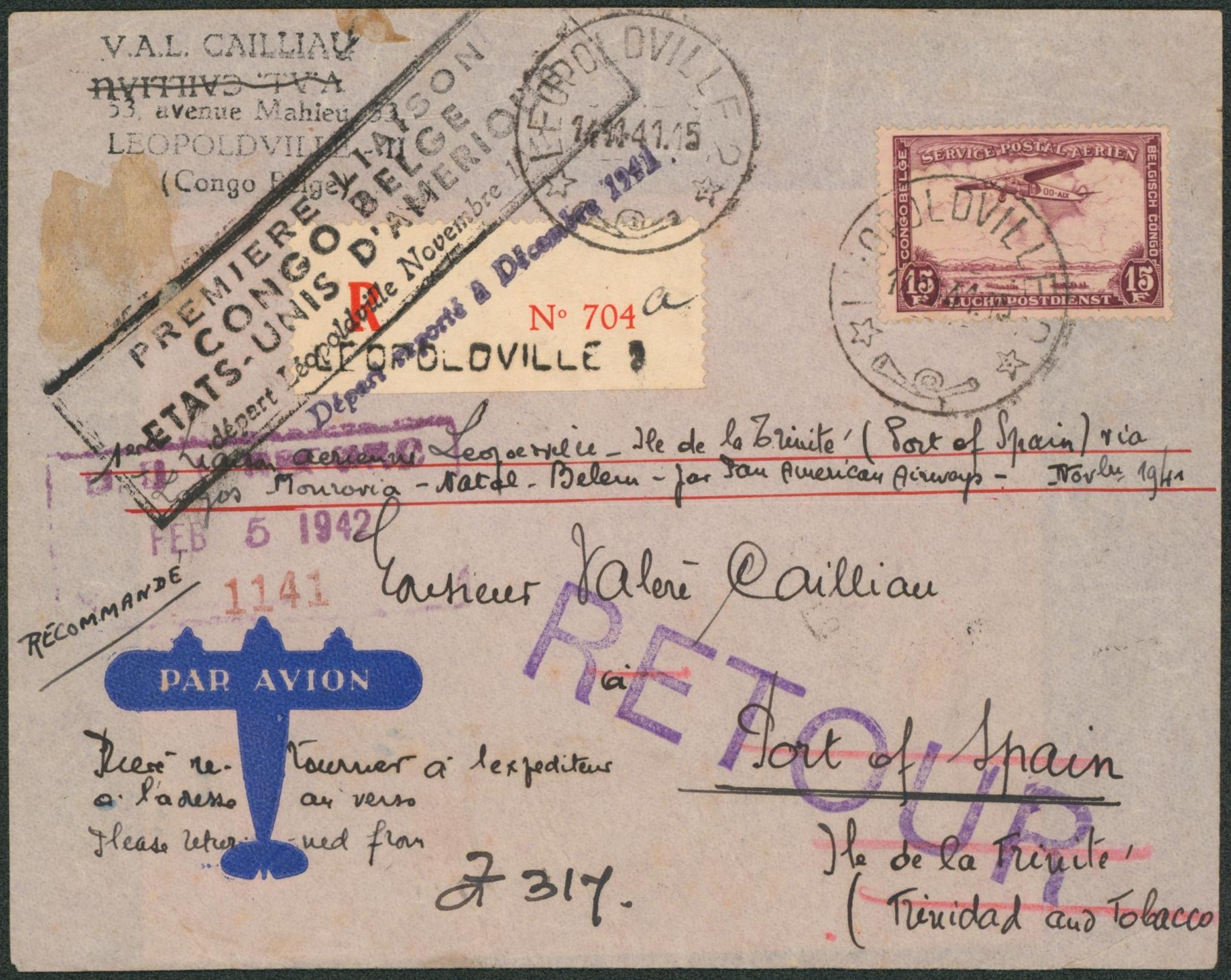 Congo Belge - PA13 seul sur lettre en recommandé de Léopoldville par avion "première liaison Congo Belge états unis d'amérique" > Port of spain (Port d'Espagne, trinité et Tobago), censure du congo + griffe RETOUR. Superbe"