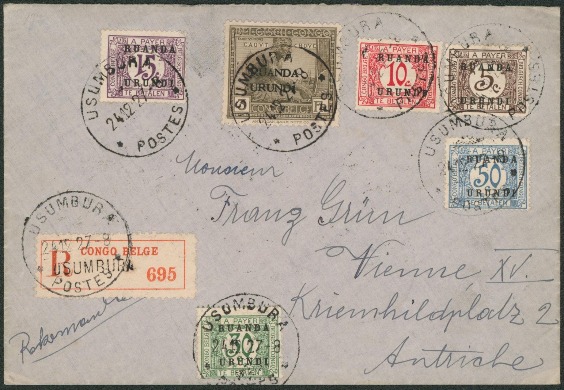 Ruanda Urundi - n°59 sur lettre en recommandé de Usumbura, affranchissement insuffisa,t et taxé à 1F10 (taxe colorée) > Vienne (Autriche) via Dar es salaam et Alexandrie. Rare 