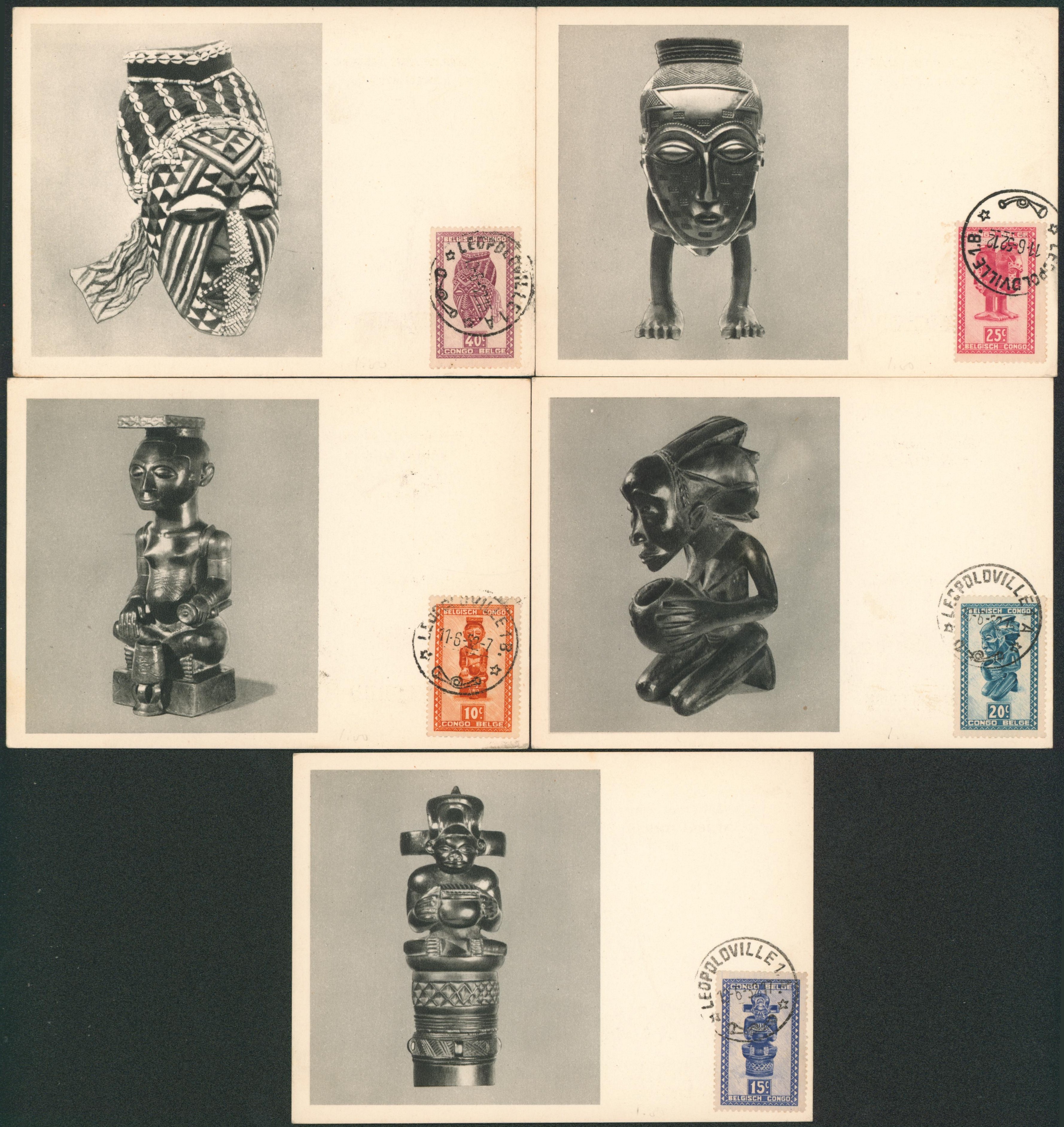 Congo Belge - Série masques : ensemble de 5 cartes postales (Plasmarine, résistance à la maladie) type Carte-Maximum. A voir 