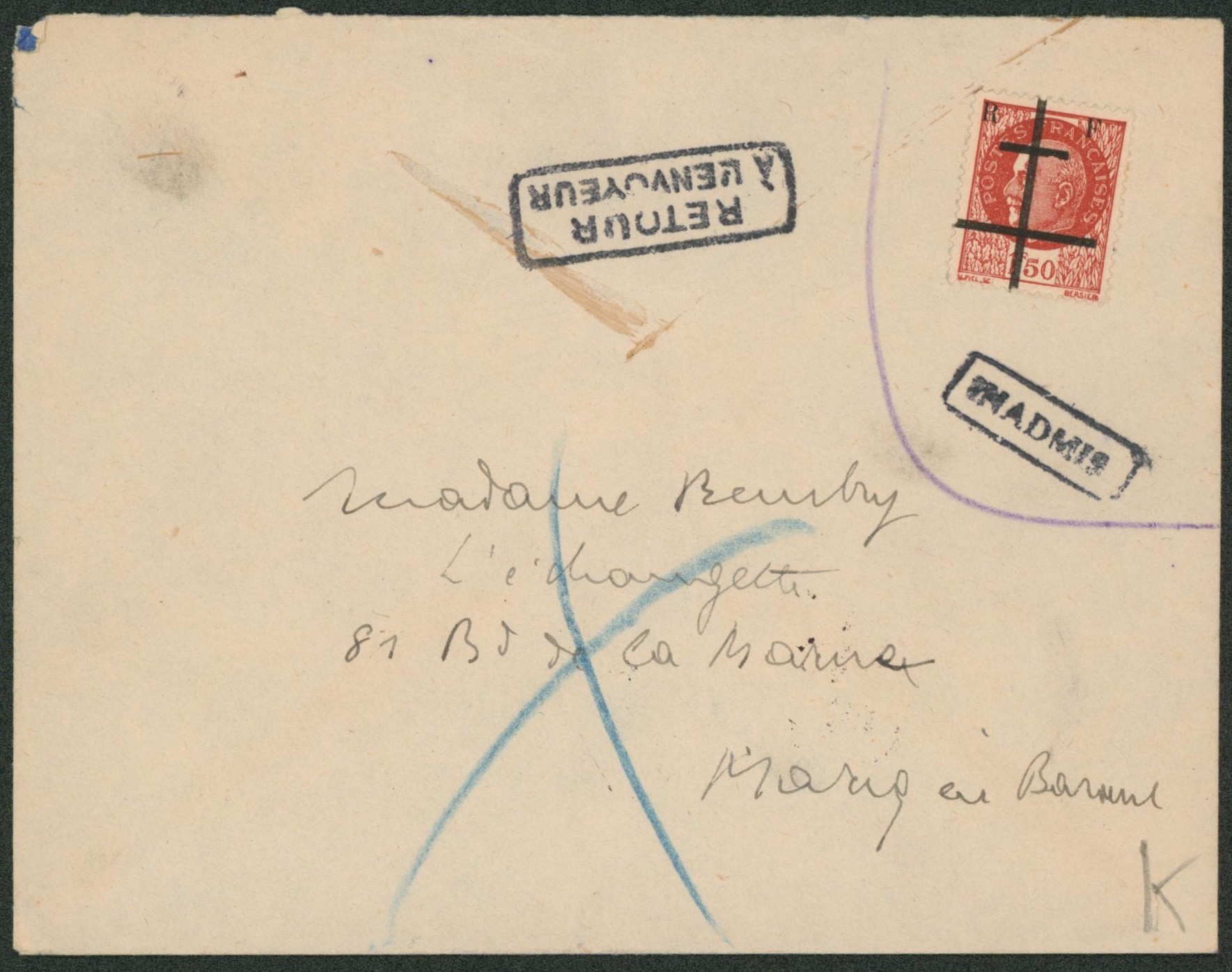 France - Libération Pétain 1F50 surchargé RF + croix de lorraine > Marcq en bareuil. Timbre inadmis, retour à l'envoyeur. 