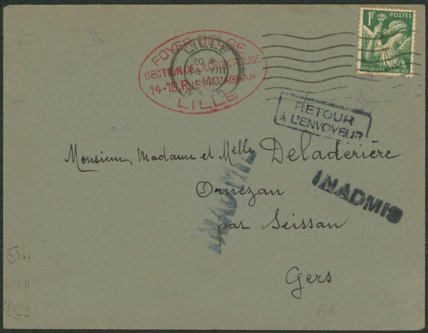 France - Iris 1F vert sur lettre obl mécanique "Lille" + cachet rouge "Foyer Belge / Section de la croix rouge, Lille" > Gers. Griffe INADMIS, retour à l'envoyeur. "