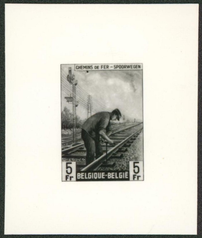 épreuve au type chemin de fer (métiers divers) sur papier blanc glacé 5Fr (noir et blanc). 