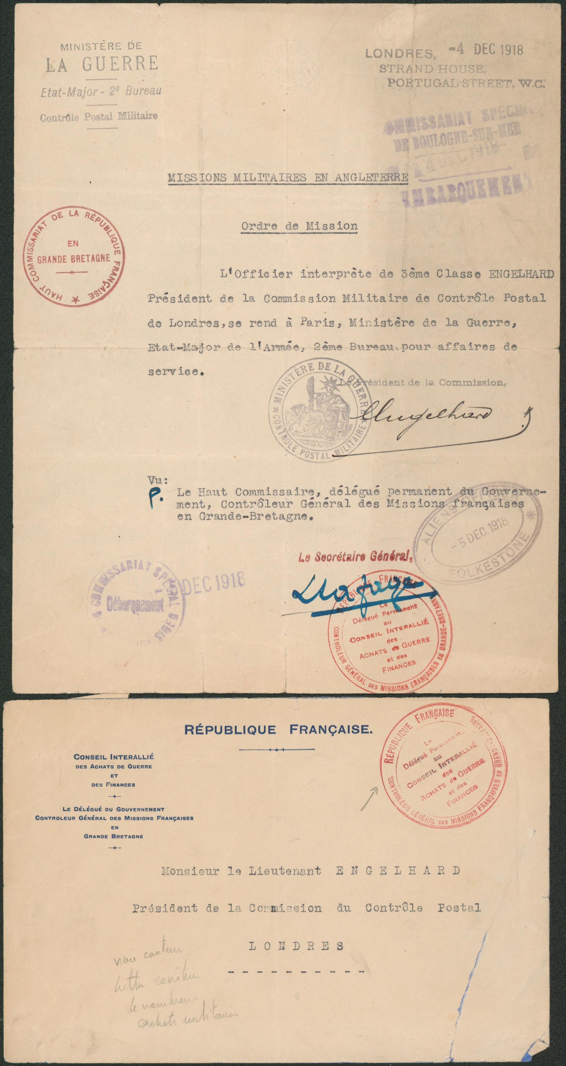 Ministère de la guerre (commissariat spécial de Boulogne sur mer) - Missions militaires en angleterre, ordre de missions. Haut commissariat de la république française en grande bretagne. 