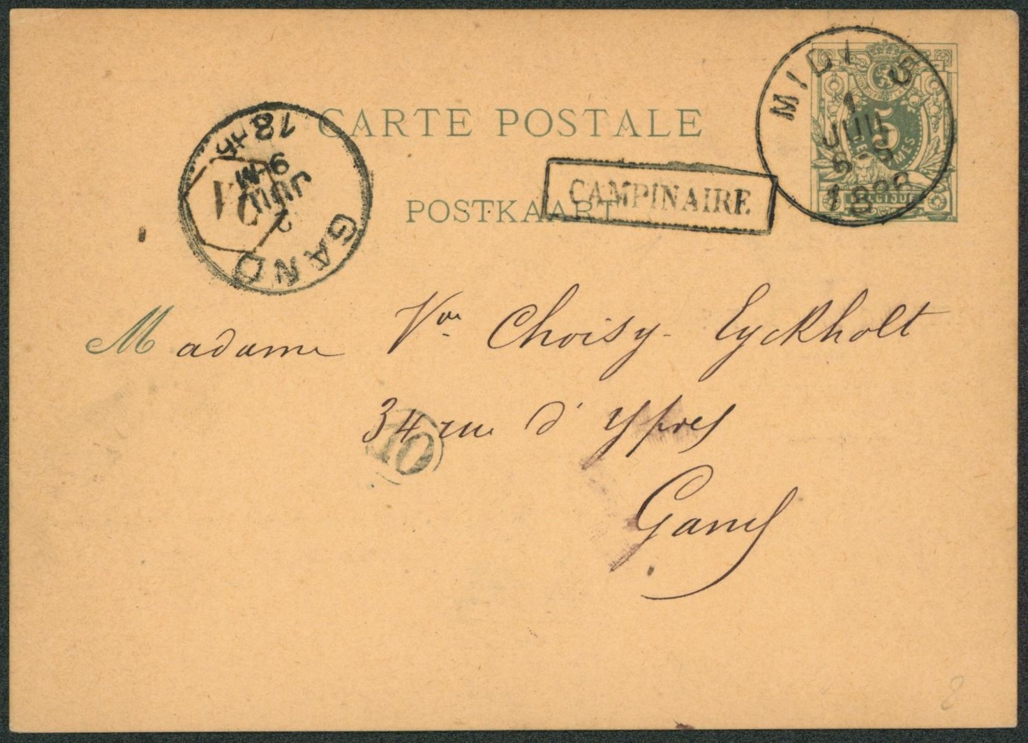 EP au type 5ctm vert obl ambulant "Midi 5" + griffe encadrée CAMPINAIRE (Repiquage charbonnage pont de loup) > Gand "