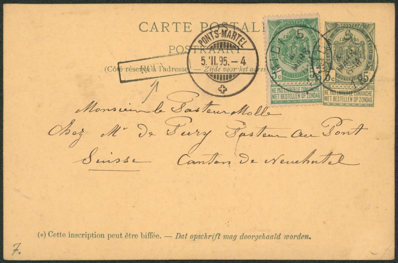 EP au type 5ctm vert + n°56 obl ambulant "Midi 5" + griffe encadrée ROUX > Ponts-Martel (Suisse). "