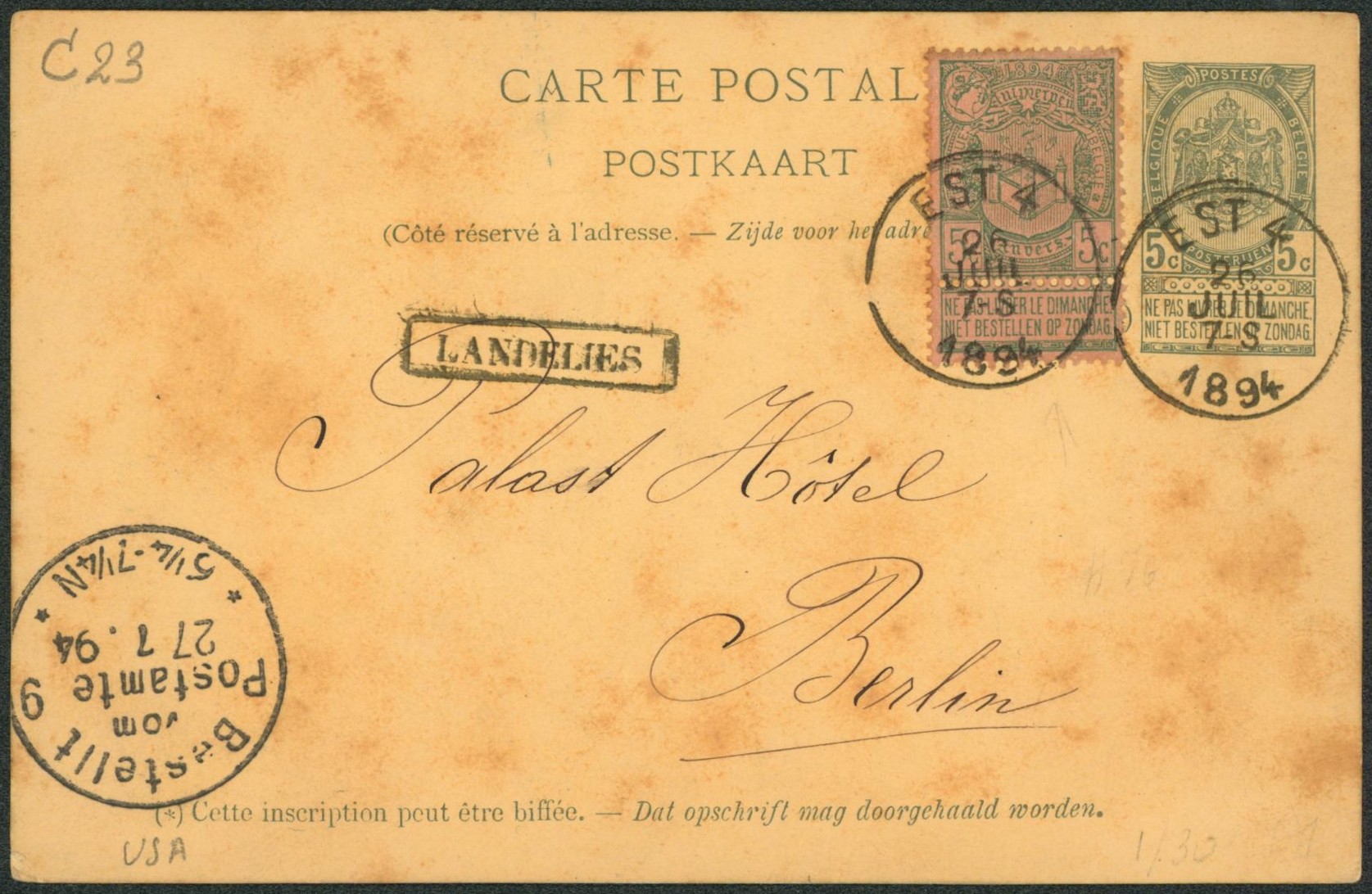 EP au type 5ctm vert + n°68 obl ambulant "Est 4" + griffe encadrée LANDELIES > Berlin / état !"