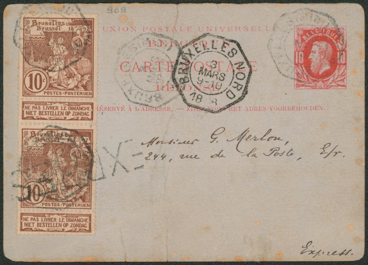 EP au type 10ctm rouge + n°73 x2 en expres obl télégraphique "Bruxelles (Nord)" + griffe EXPRES sur un timbre > La ville / etat ! "