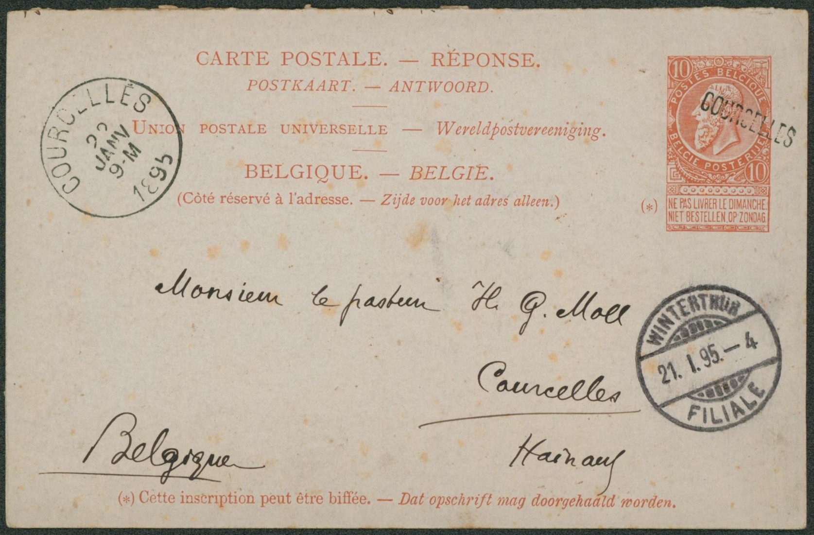 EP au type 10ctm orange (partie réponse) de Winterhur (Suisse) > Courcelles, effigie annulée par griffe d'arrivée COURCELLES. 